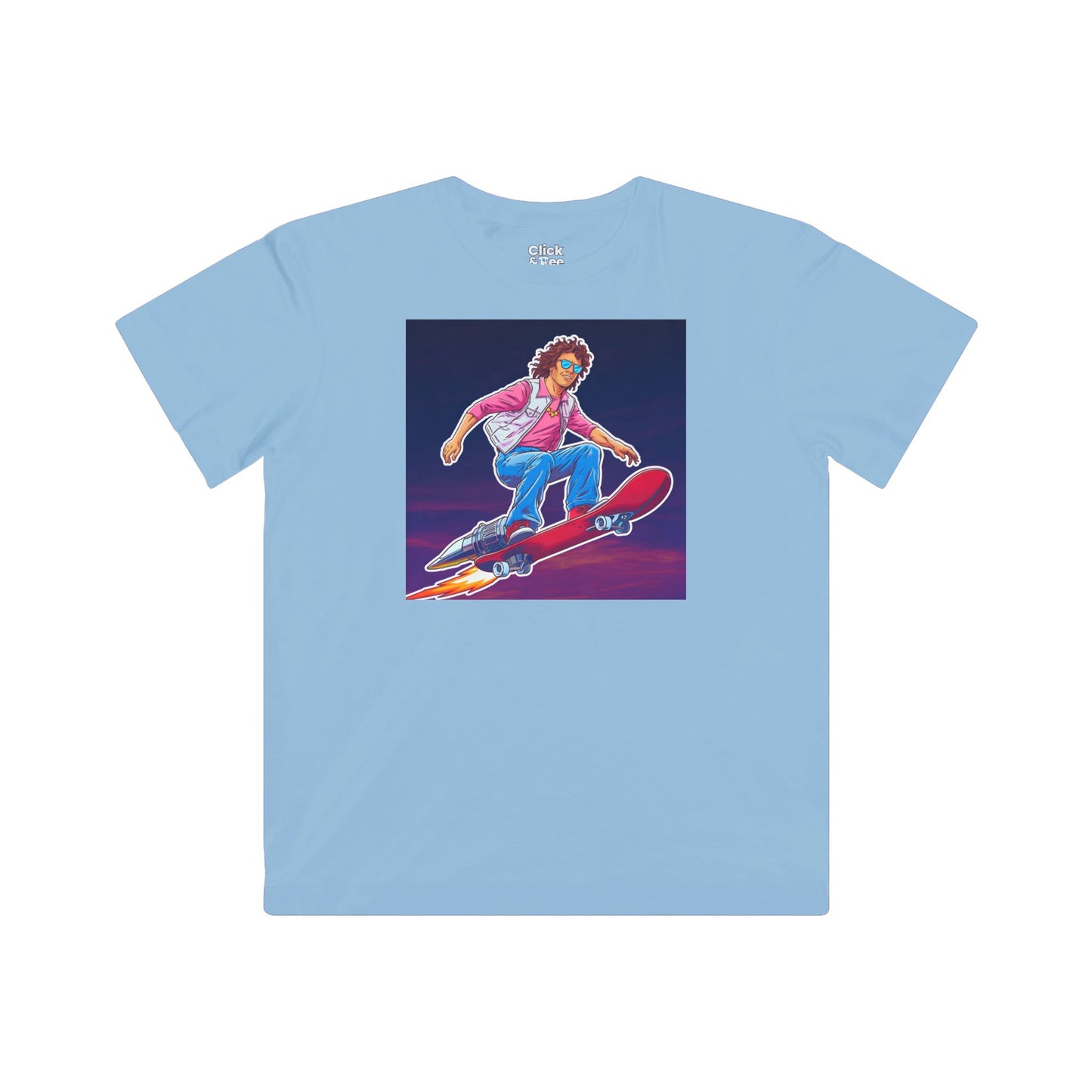 Kids 80s Neon T-Shirt - Tousled Adventurer Riding a Rocket-Powered Skateboard - 80s Neon Style T-Shirt