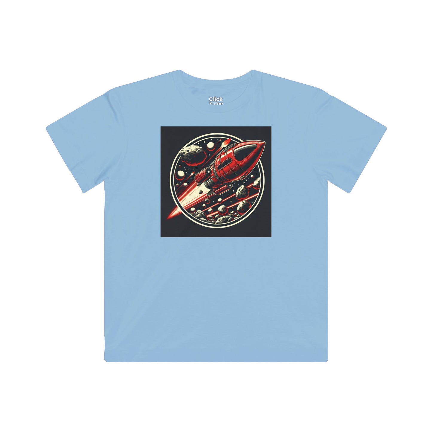 Kids Realistic T-Shirt - Retro-Futuristic Red Rocketship Racing through a treacherous asteroid field - Realistic Style T-Shirt