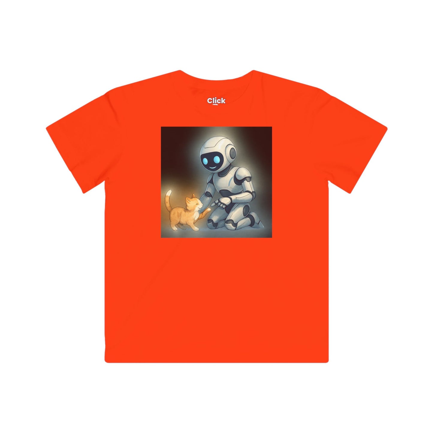 Kids Futuristic T-Shirt - Happy AI Humanoid Robot Playing with a kitten - Futuristic Style T-Shirt