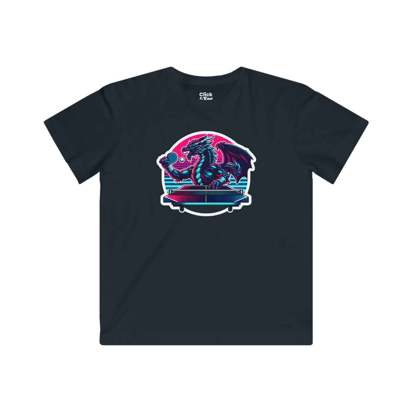 Kids Synthwave T-Shirt - Powerful Dragon Playing Ping Pong - Synthwave Style T-Shirt