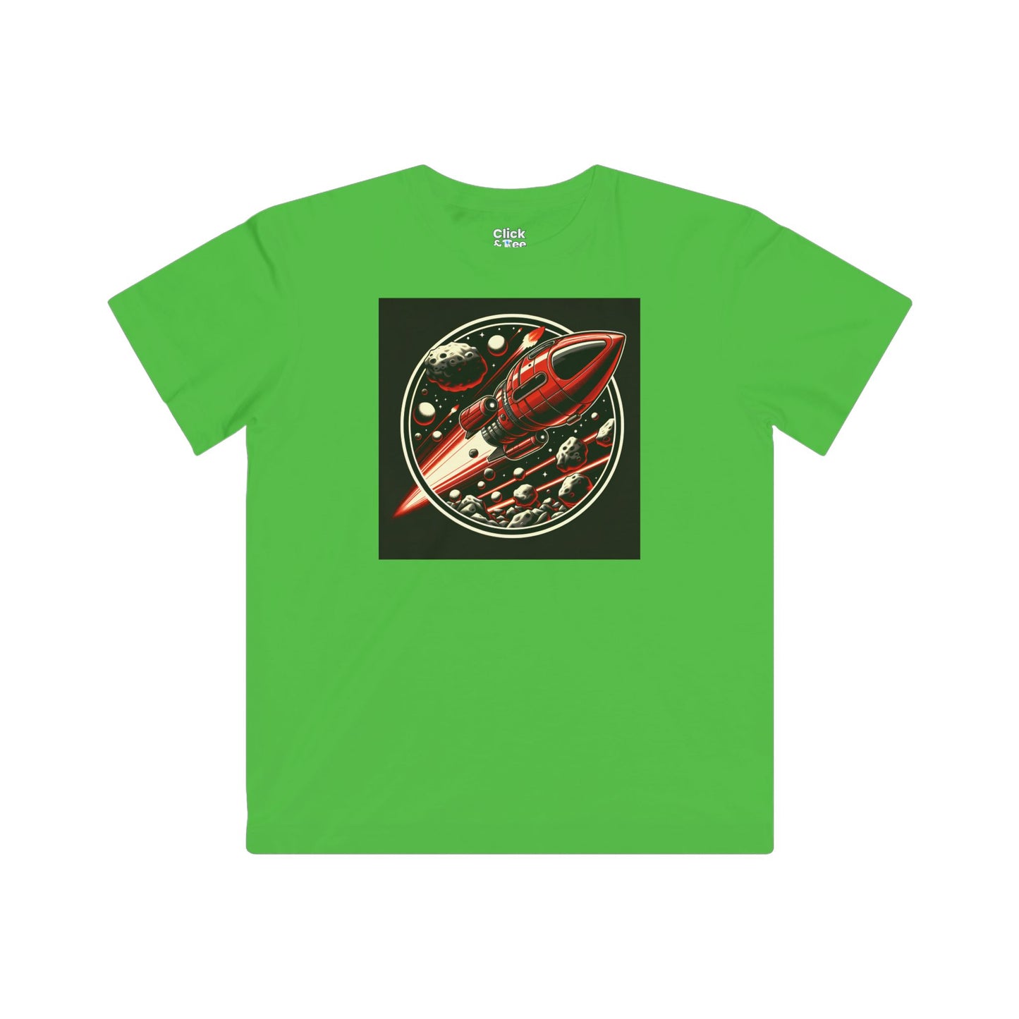 Kids Realistic T-Shirt - Retro-Futuristic Red Rocketship Racing through a treacherous asteroid field - Realistic Style T-Shirt