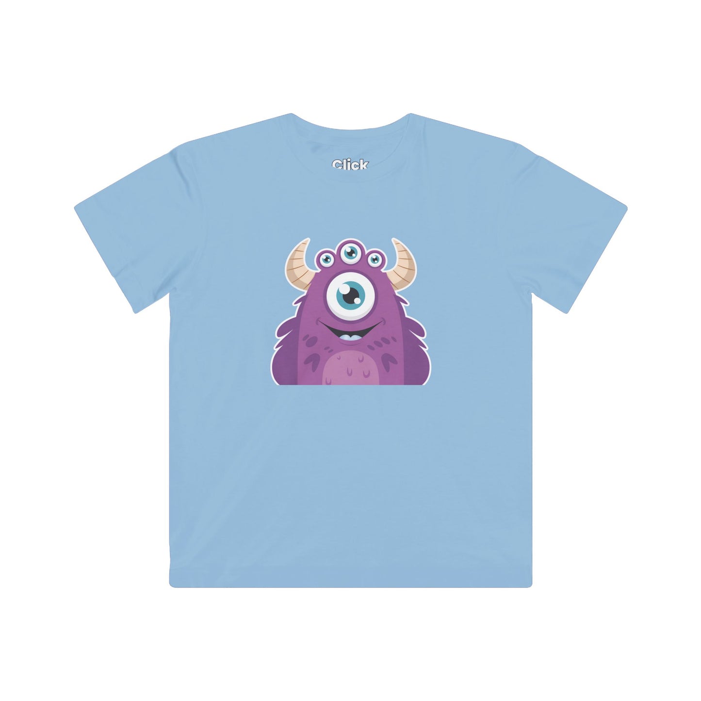 Kids Cartoon T-Shirt - Purple Monster Three eyes with horns and smiling - Cartoon Style T-Shirt