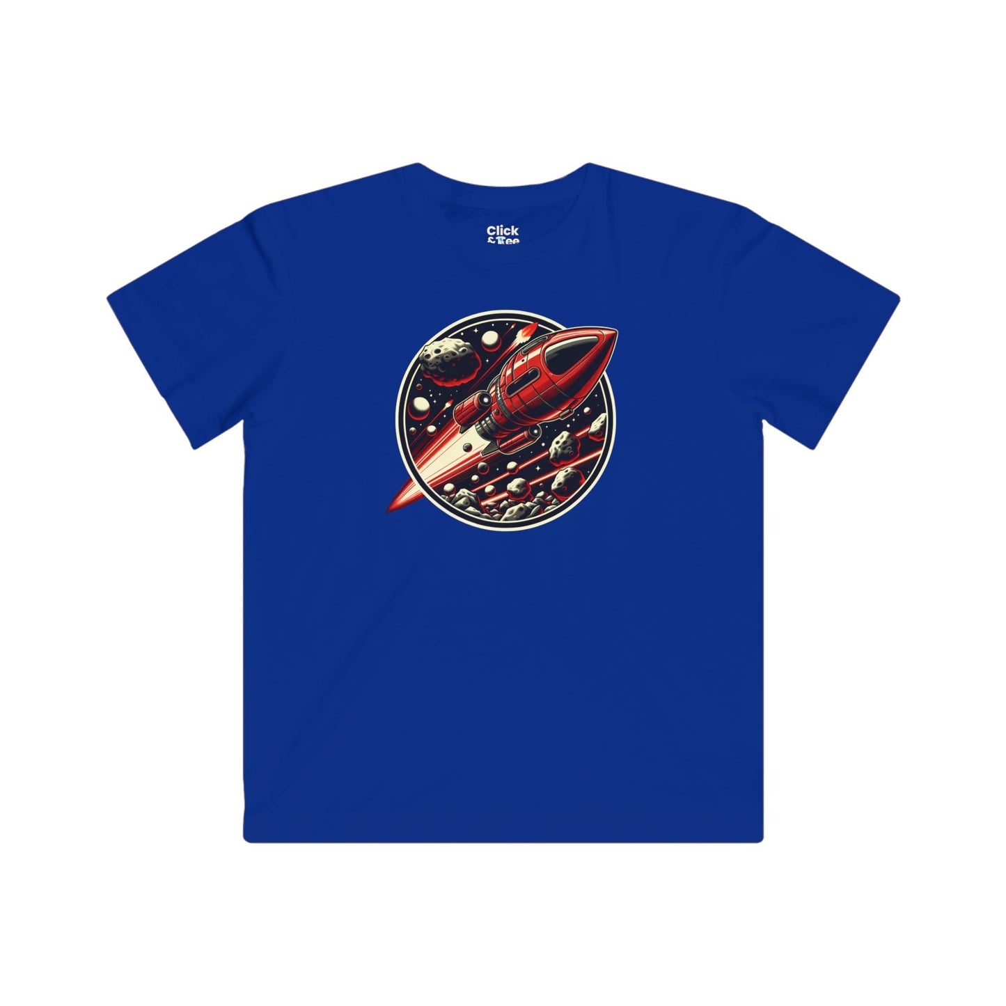 Kids Realistic T-Shirt - Retro-Futuristic Red Rocketship Racing through a treacherous asteroid field - Realistic Style T-Shirt
