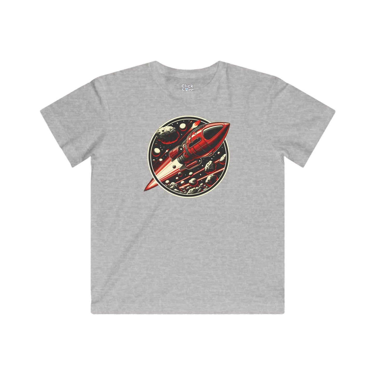 Kids Realistic T-Shirt - Retro-Futuristic Red Rocketship Racing through a treacherous asteroid field - Realistic Style T-Shirt