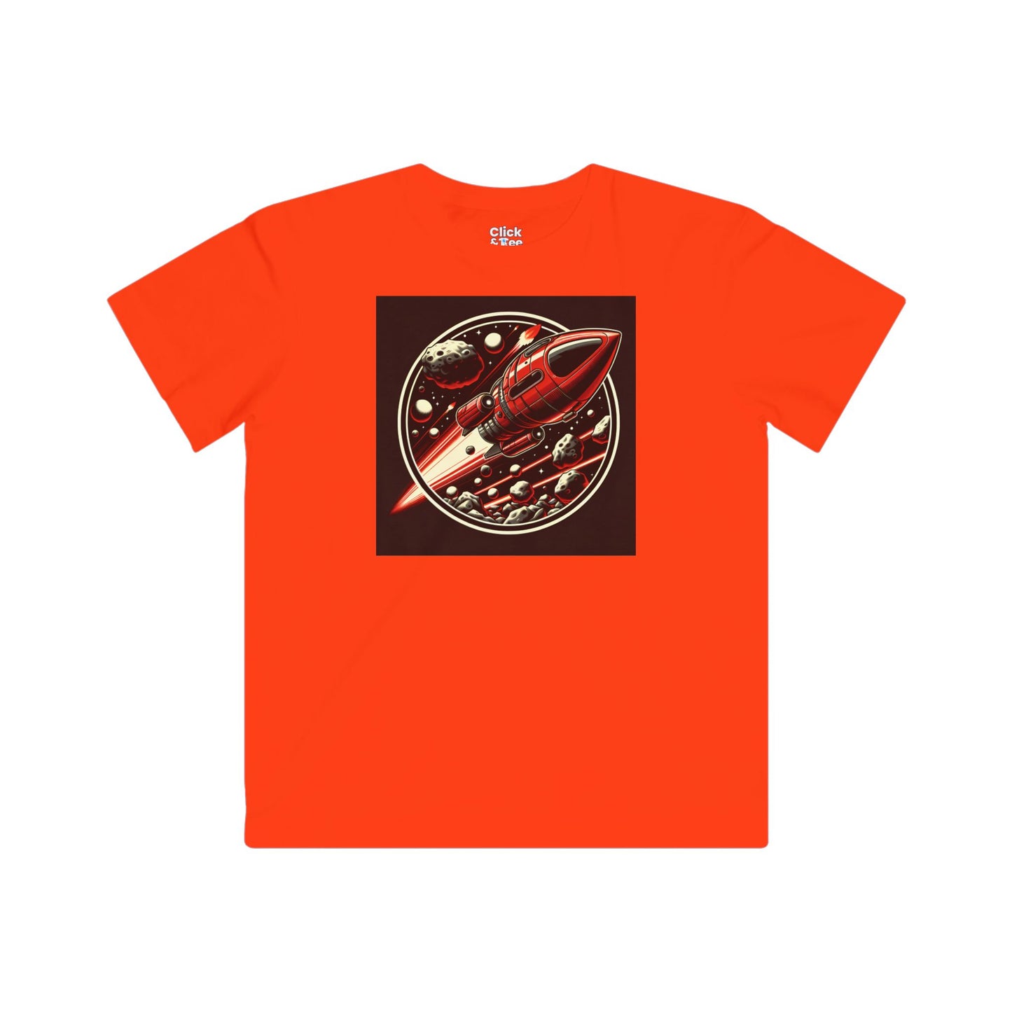 Kids Realistic T-Shirt - Retro-Futuristic Red Rocketship Racing through a treacherous asteroid field - Realistic Style T-Shirt