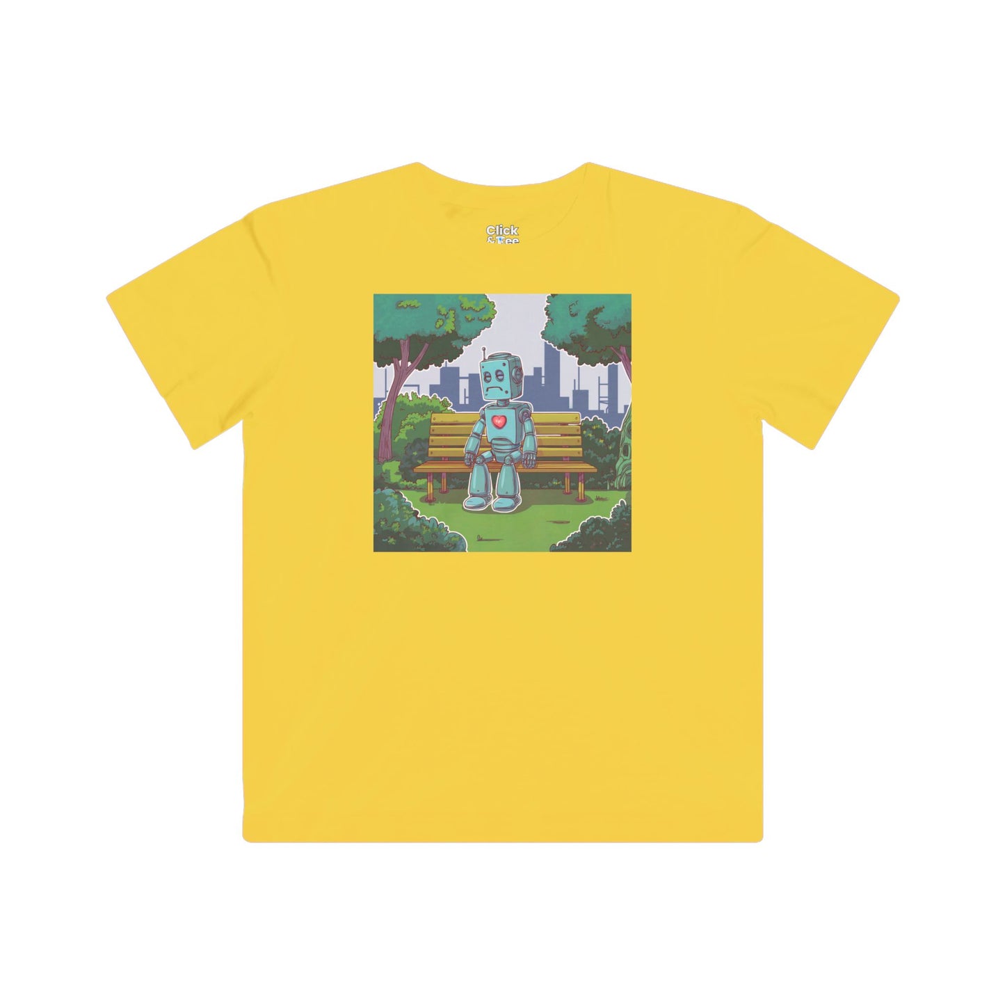 Kids Cyberpunk T-Shirt - Lonely Sad Robot Sitting on a Bench - Cyberpunk Style T-Shirt