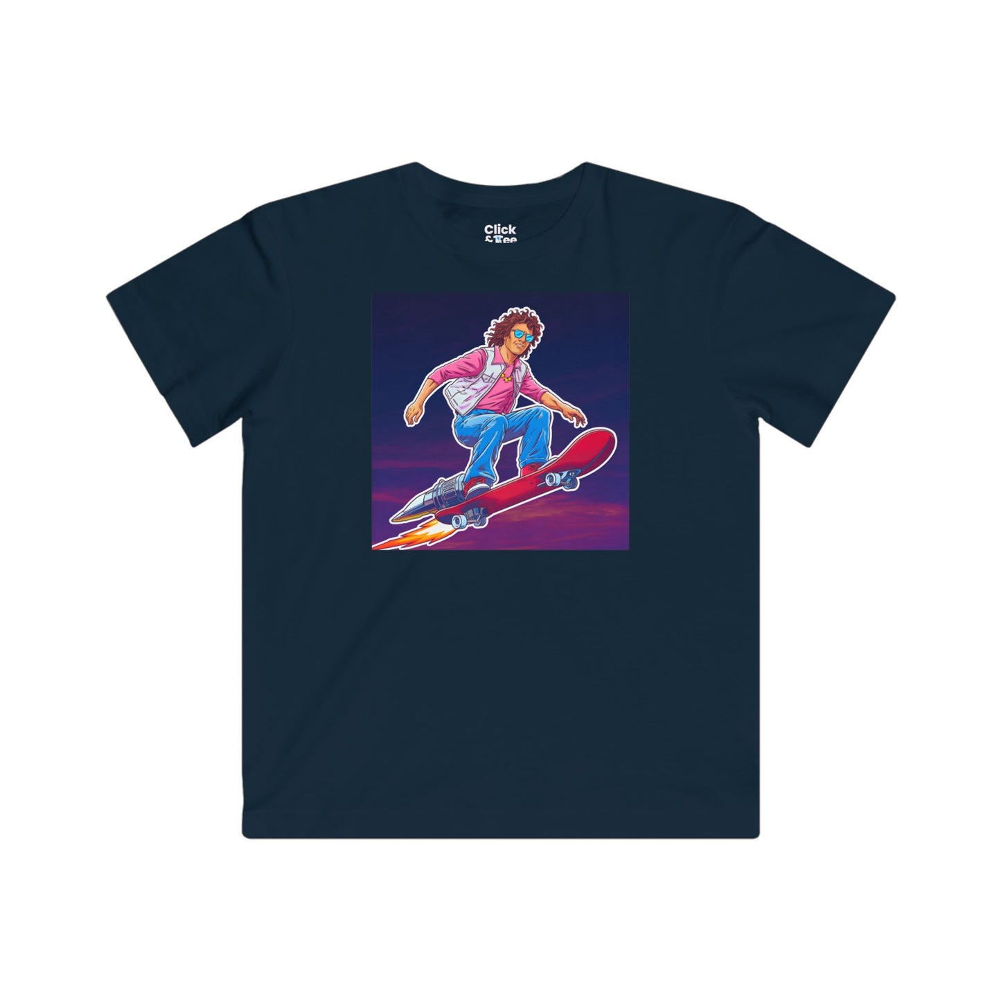 Kids 80s Neon T-Shirt - Tousled Adventurer Riding a Rocket-Powered Skateboard - 80s Neon Style T-Shirt