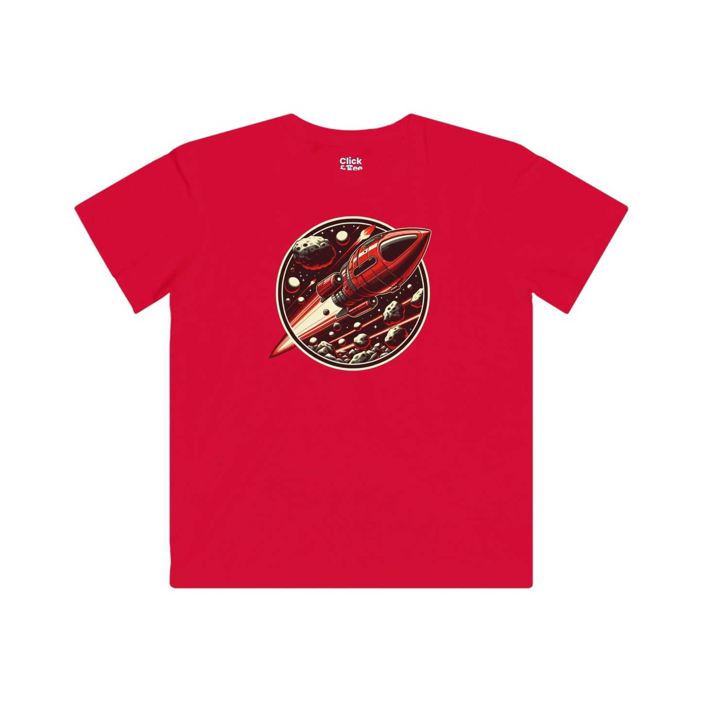 Kids Realistic T-Shirt - Retro-Futuristic Red Rocketship Racing through a treacherous asteroid field - Realistic Style T-Shirt