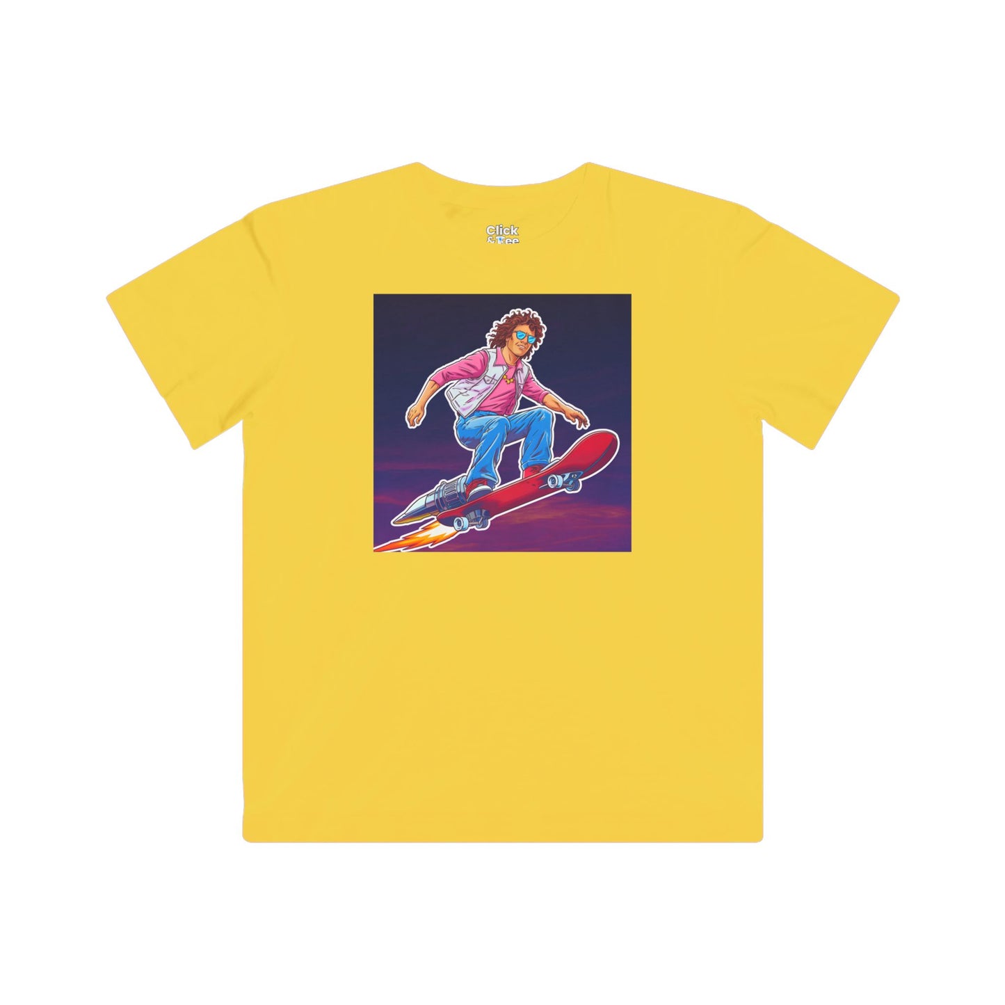 Kids 80s Neon T-Shirt - Tousled Adventurer Riding a Rocket-Powered Skateboard - 80s Neon Style T-Shirt