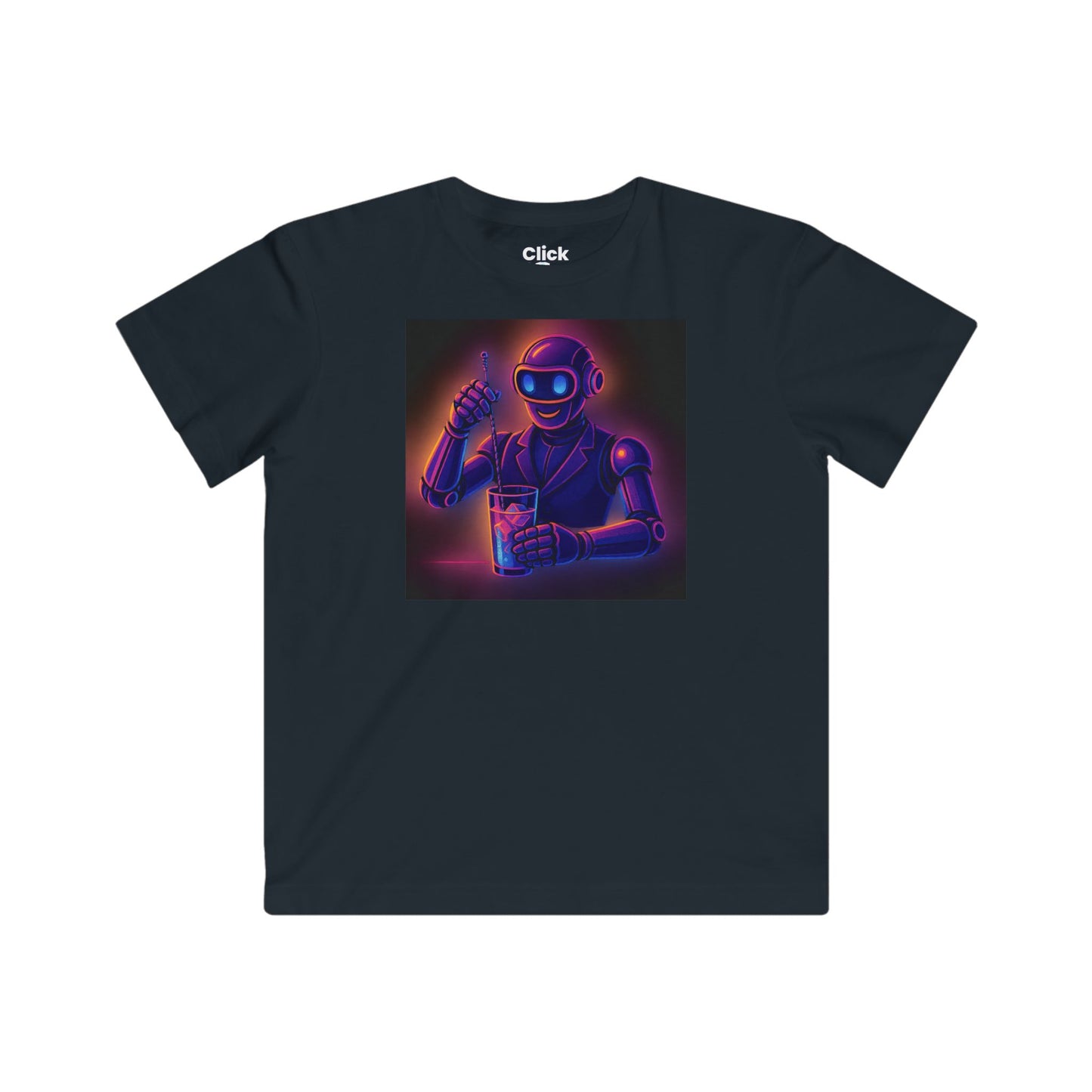 Kids Synthwave T-Shirt - Charming Robot Bartender Mixing a Cocktail - Synthwave Style T-Shirt