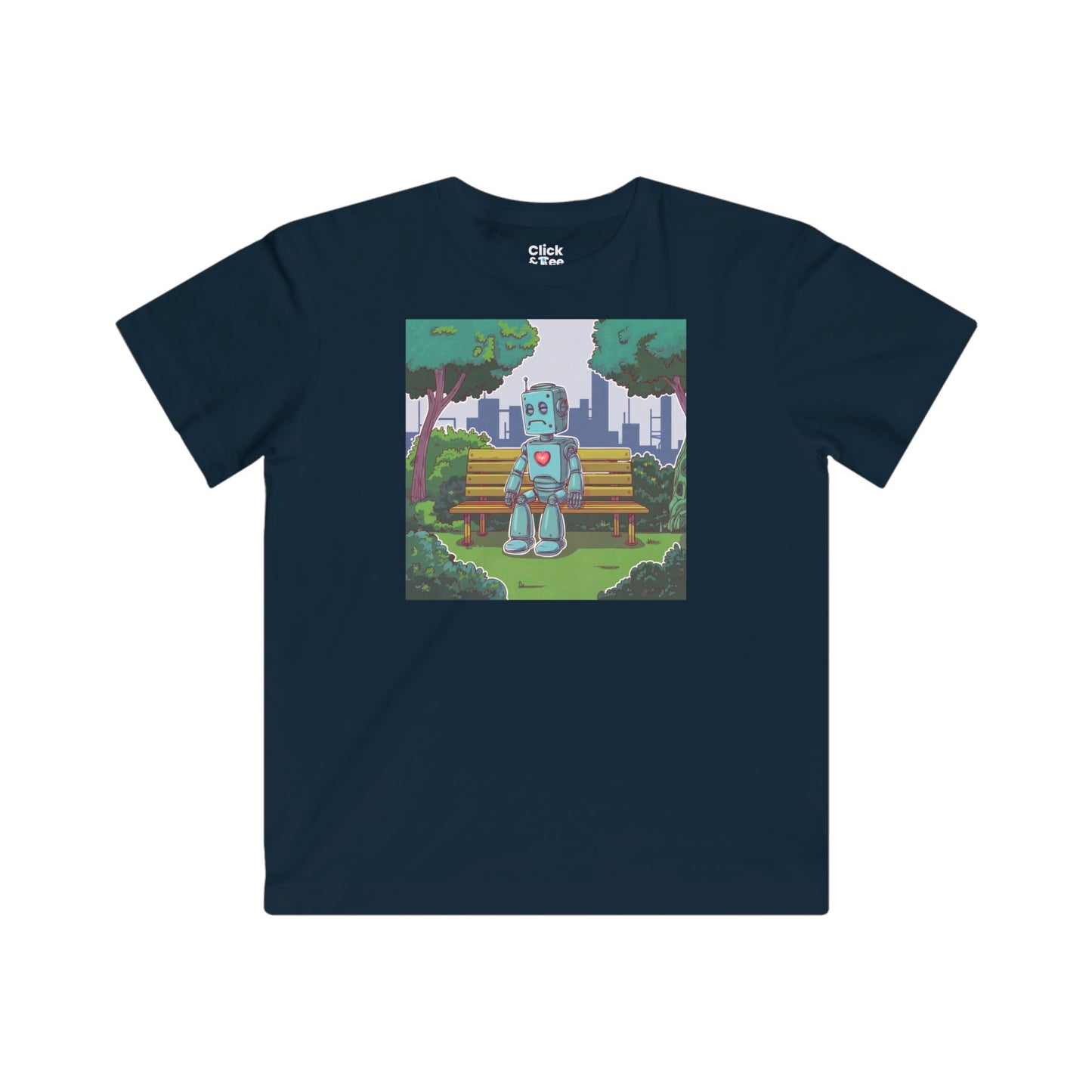 Kids Cyberpunk T-Shirt - Lonely Sad Robot Sitting on a Bench - Cyberpunk Style T-Shirt
