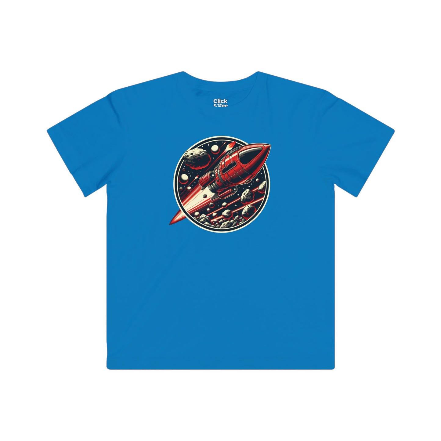 Kids Realistic T-Shirt - Retro-Futuristic Red Rocketship Racing through a treacherous asteroid field - Realistic Style T-Shirt