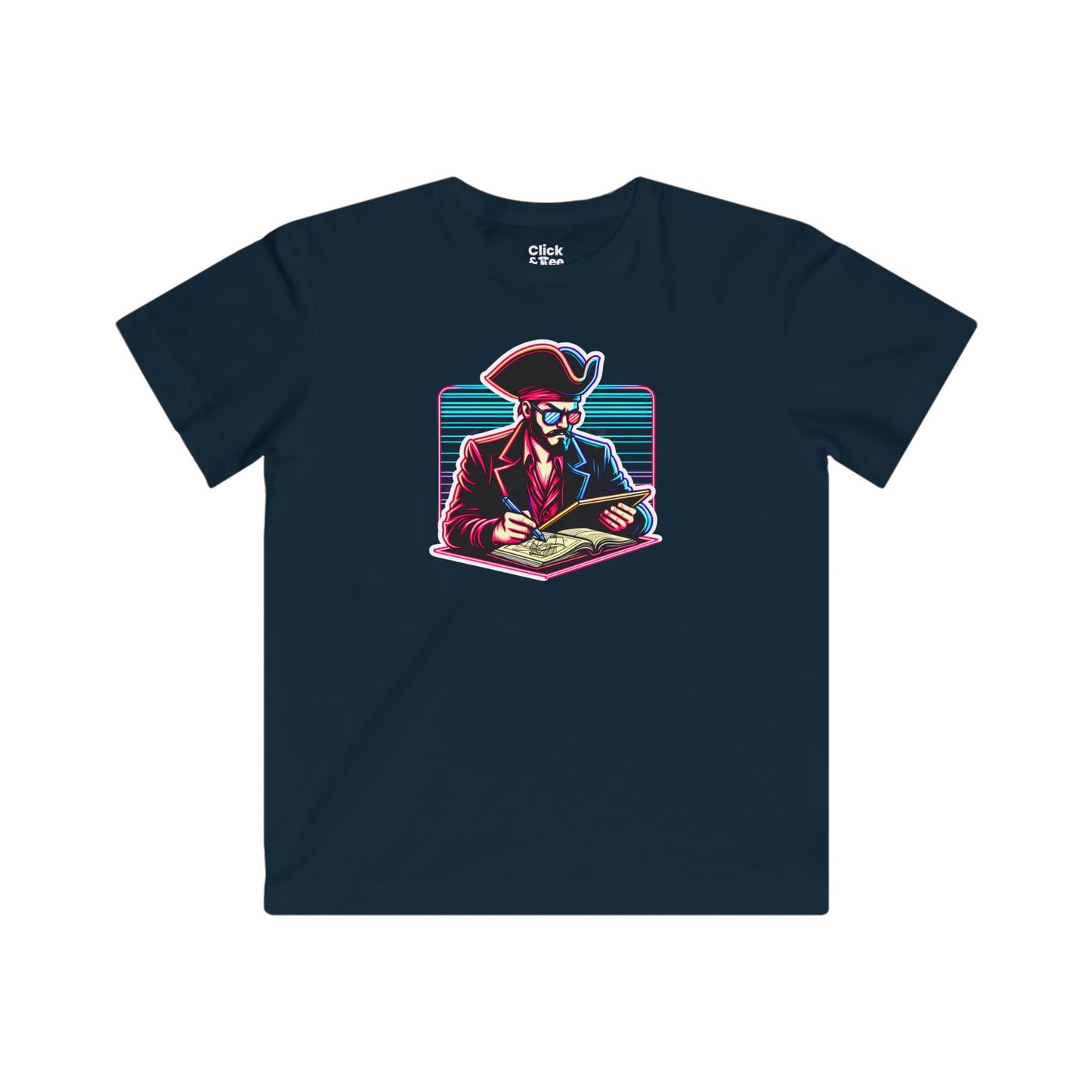Kids 80s Neon T-Shirt - Retro Pirate Studying Intensely - 80s Neon Style T-Shirt