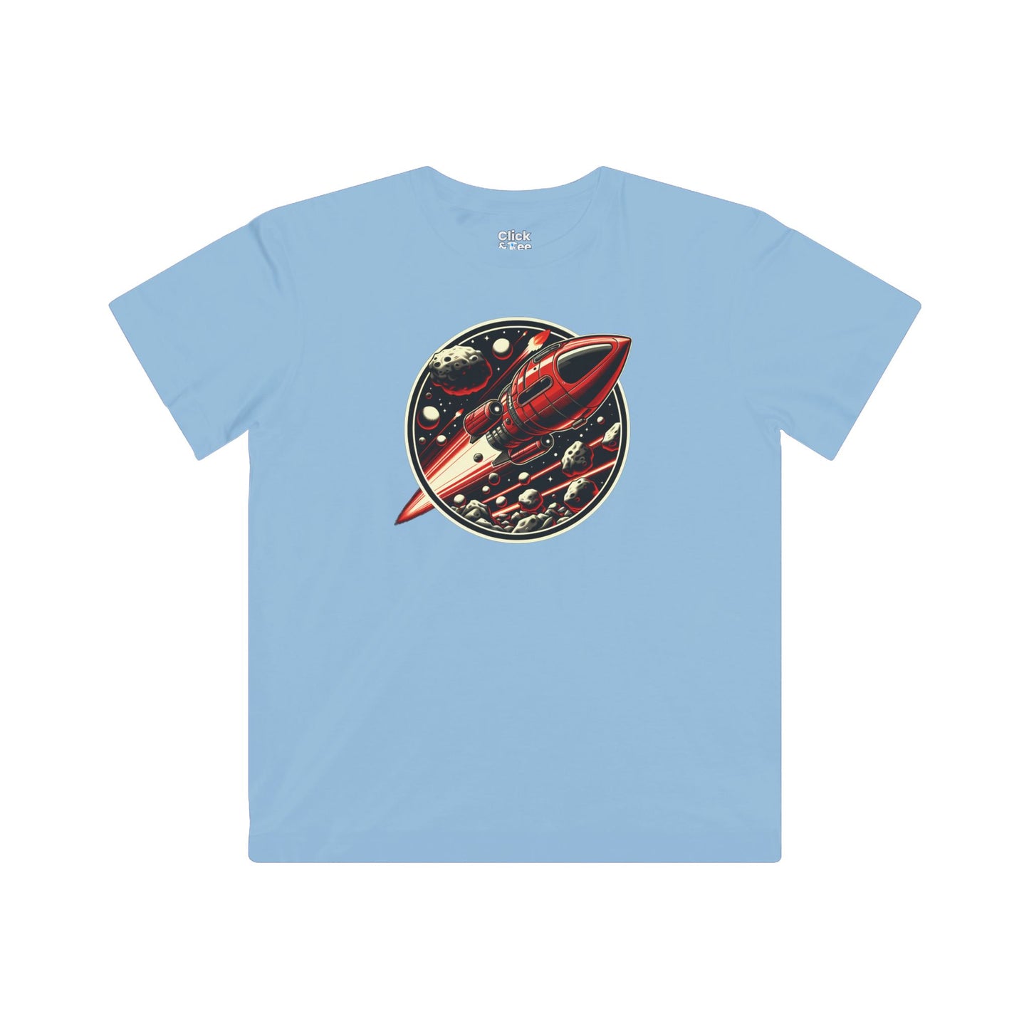 Kids Realistic T-Shirt - Retro-Futuristic Red Rocketship Racing through a treacherous asteroid field - Realistic Style T-Shirt