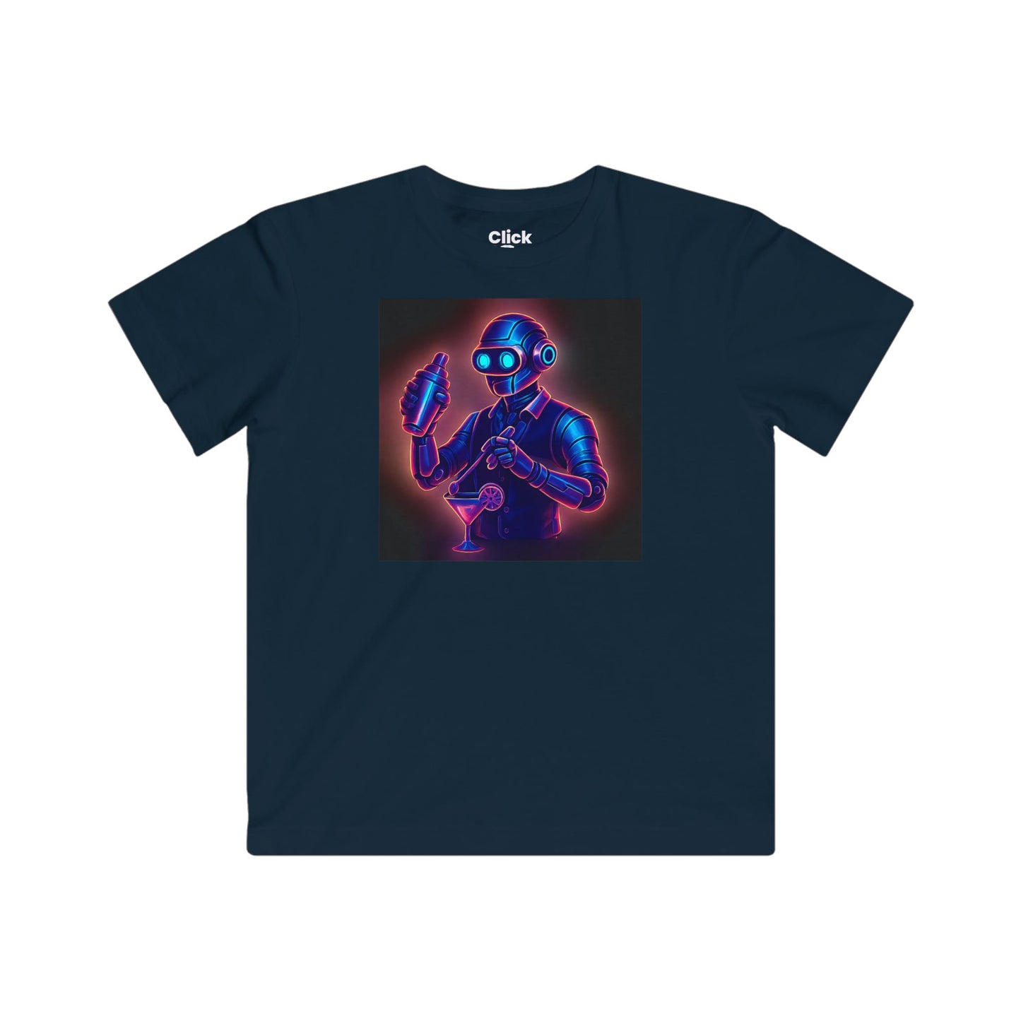 Kids Synthwave T-Shirt - Charming Robot Bartender Mixing a Cocktail - Synthwave Style T-Shirt