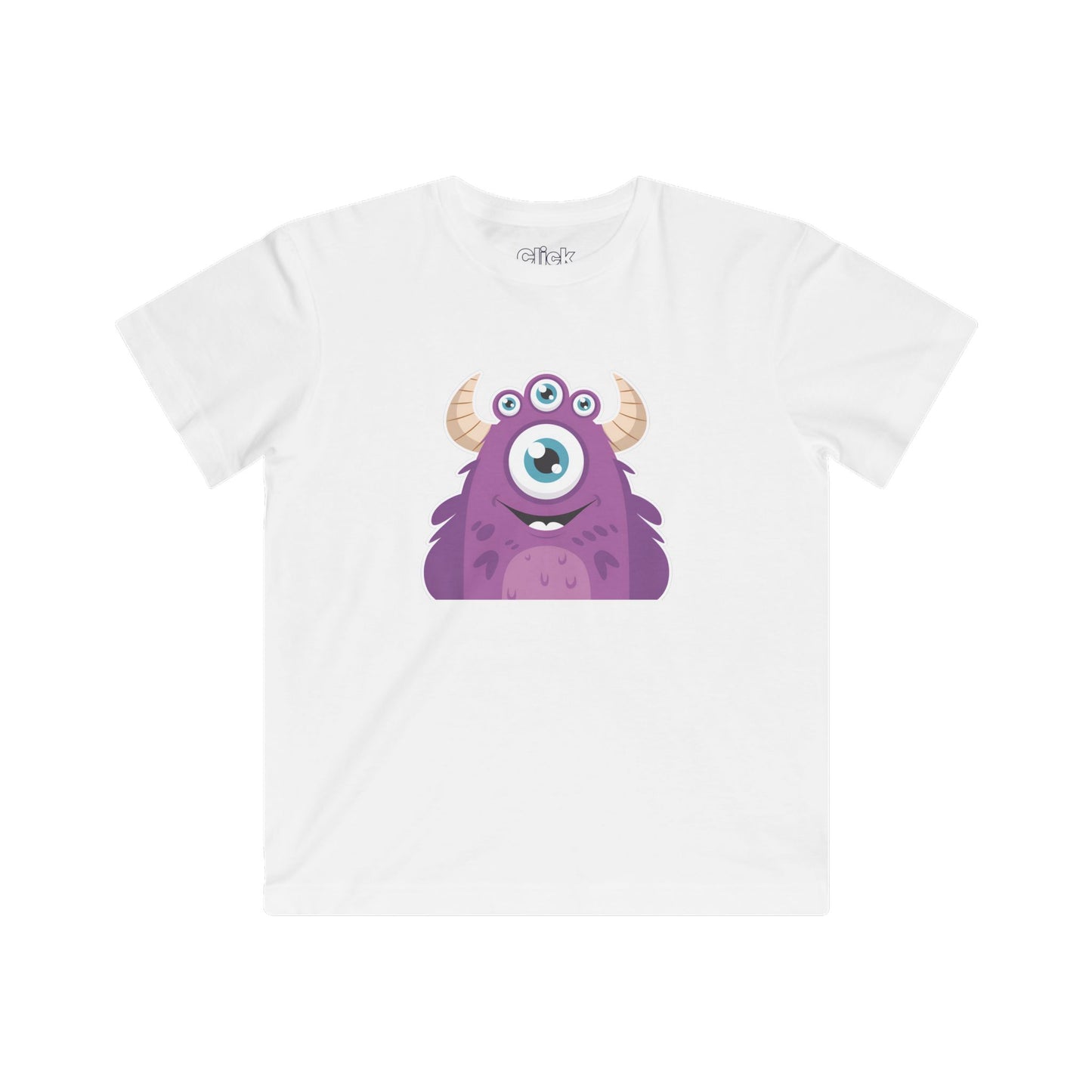 Kids Cartoon T-Shirt - Purple Monster Three eyes with horns and smiling - Cartoon Style T-Shirt