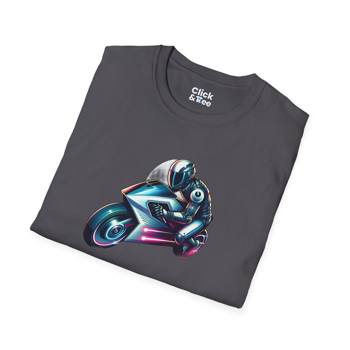 Synthwave T-Shirt - Futuristic Racer Riding a futuristic light bike - Synthwave Style T-Shirt