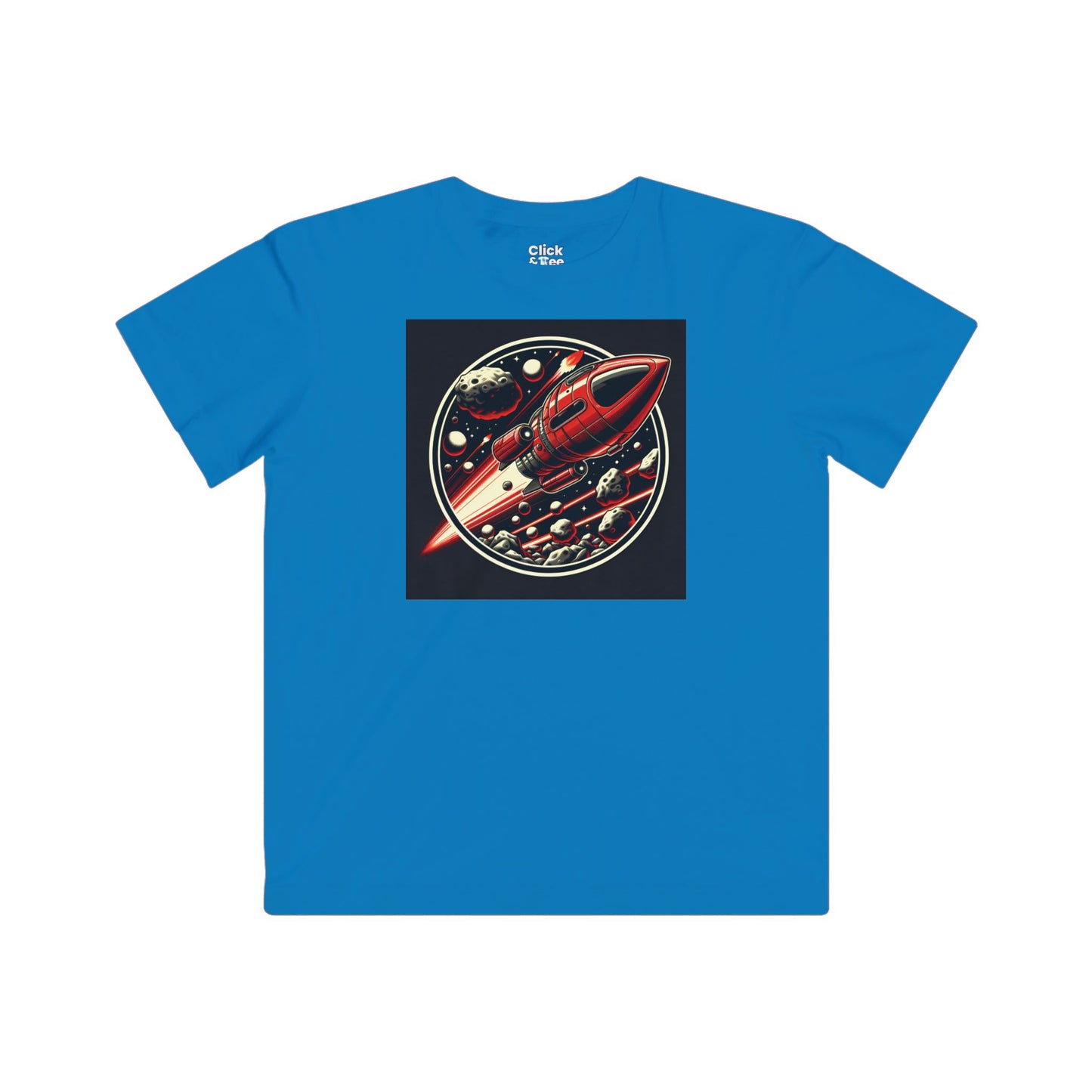 Kids Realistic T-Shirt - Retro-Futuristic Red Rocketship Racing through a treacherous asteroid field - Realistic Style T-Shirt