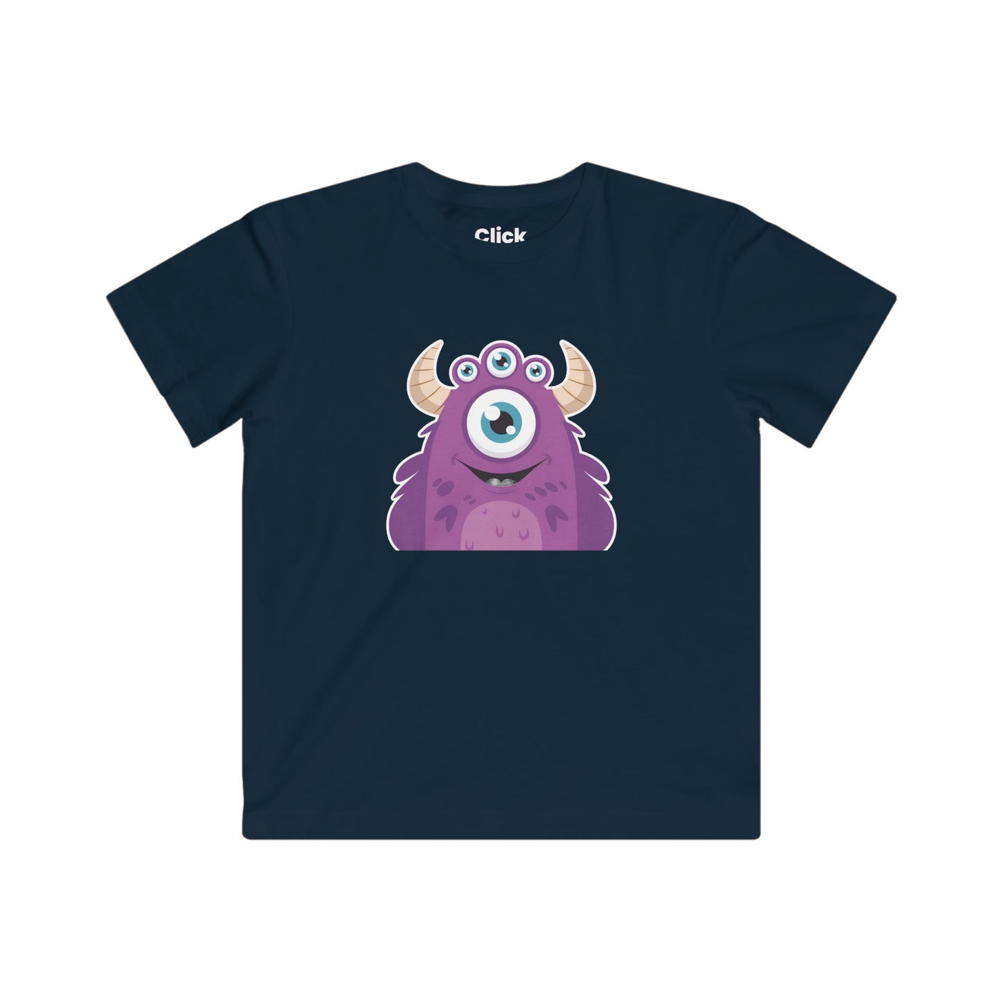 Kids Cartoon T-Shirt - Purple Monster Three eyes with horns and smiling - Cartoon Style T-Shirt