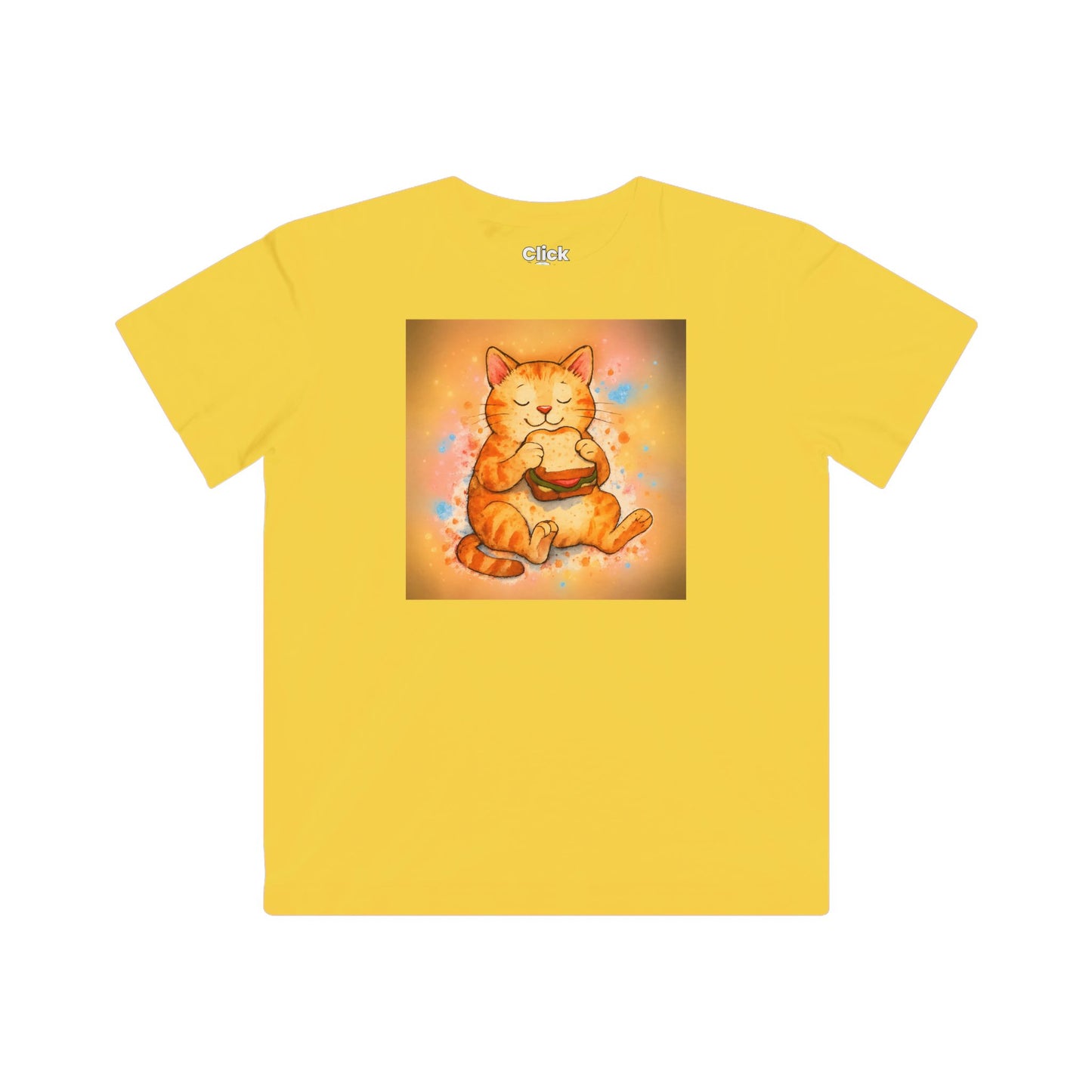 Kids Color Splatter T-Shirt - Relaxed Cat Eating a Sandwhich - Color Splatter Style T-Shirt