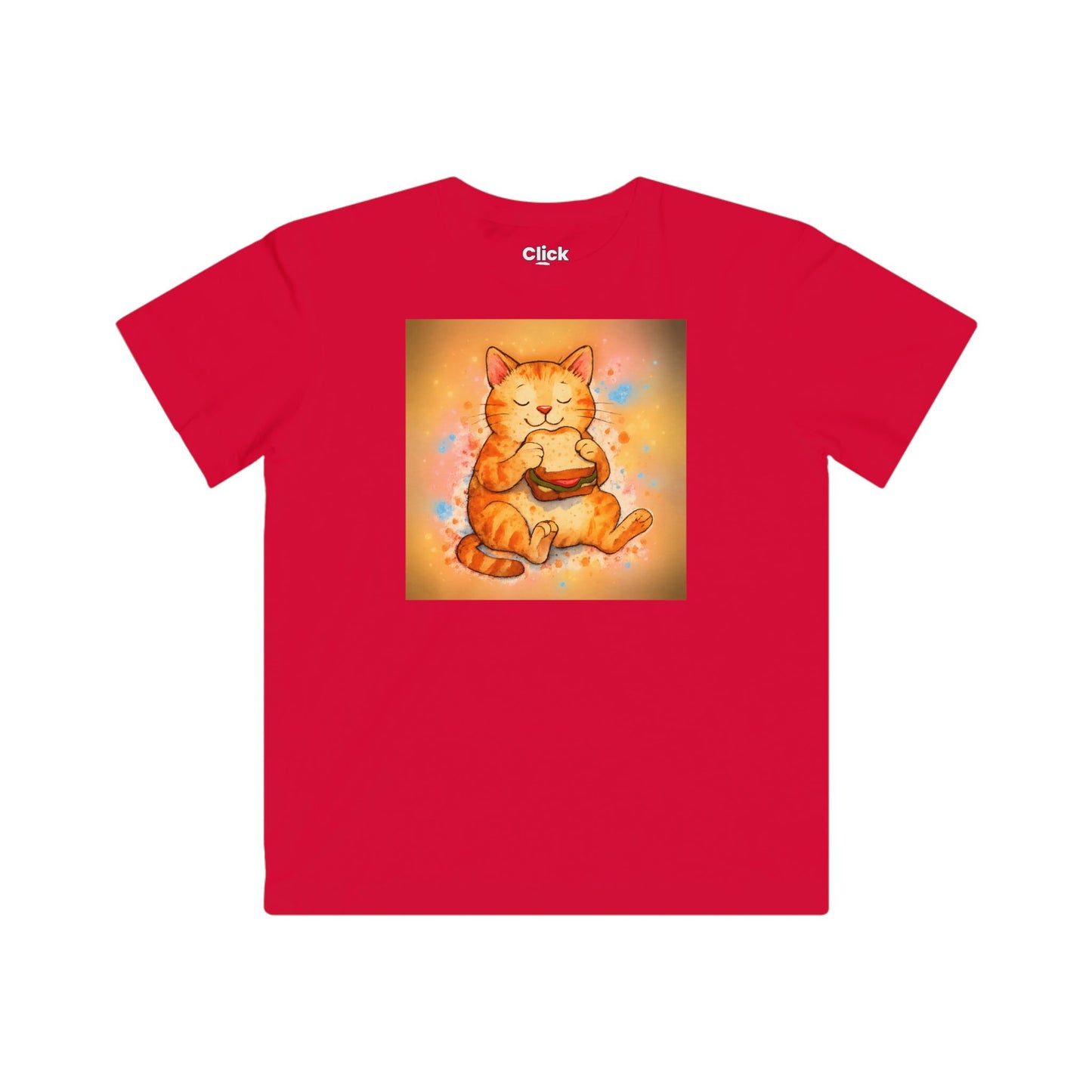 Kids Color Splatter T-Shirt - Relaxed Cat Eating a Sandwhich - Color Splatter Style T-Shirt