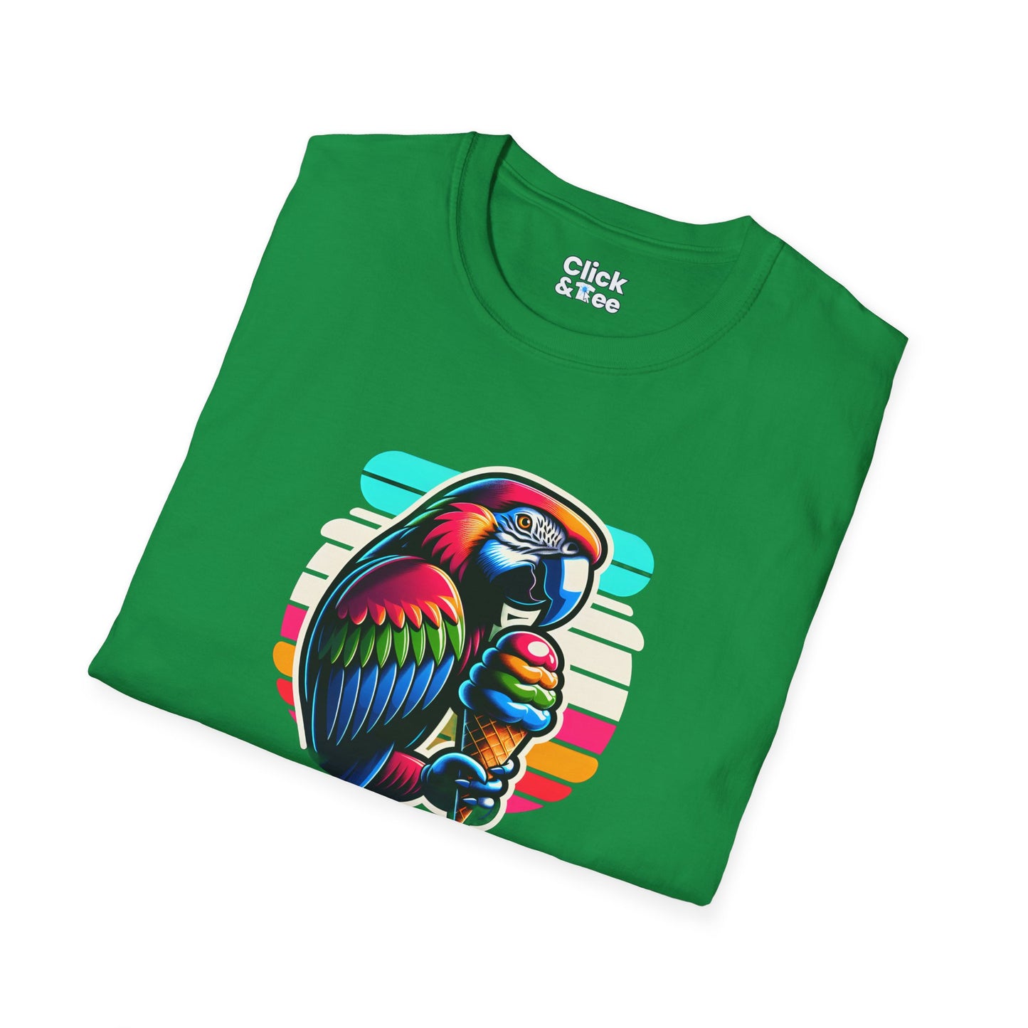 80s Neon T-Shirt - Tropical Parrot Eating rainbow ice cream - 80s Neon Style T-Shirt
