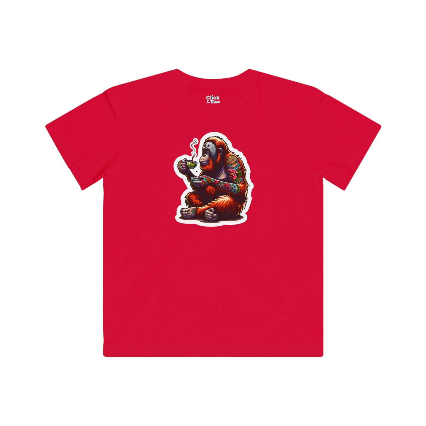 Kids Color Splatter T-Shirt - Tattooed Orangutan Drinking Tea - Color Splatter Style T-Shirt