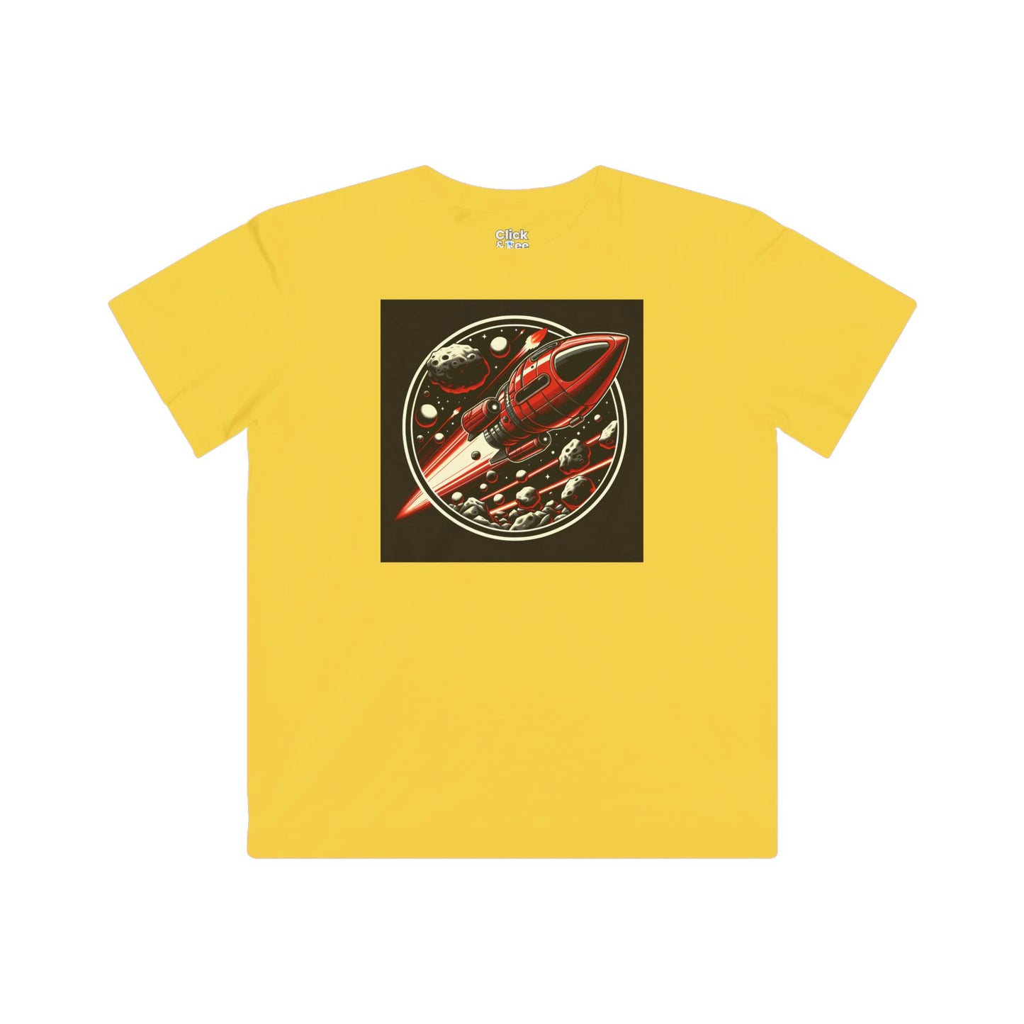 Kids Realistic T-Shirt - Retro-Futuristic Red Rocketship Racing through a treacherous asteroid field - Realistic Style T-Shirt