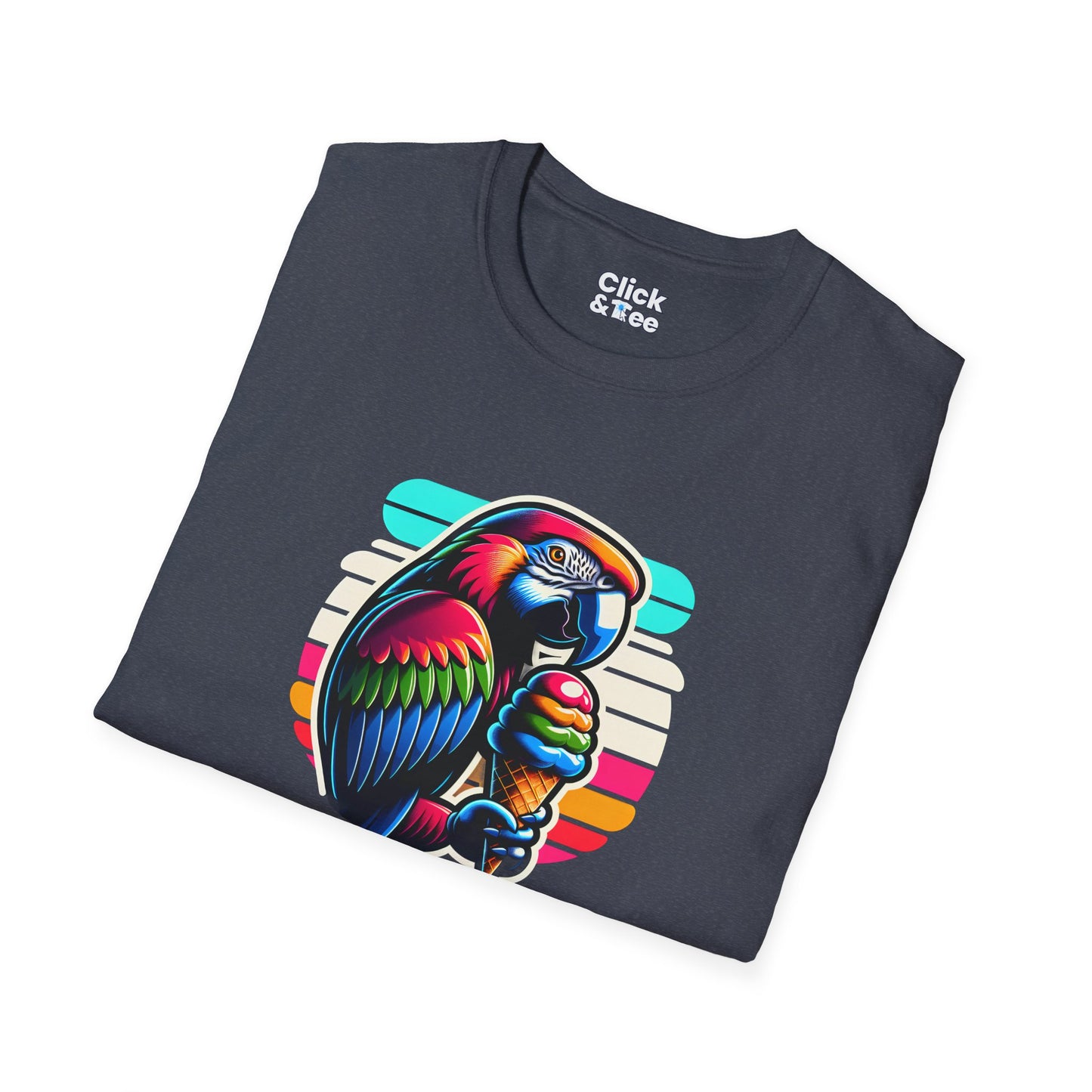 80s Neon T-Shirt - Tropical Parrot Eating rainbow ice cream - 80s Neon Style T-Shirt