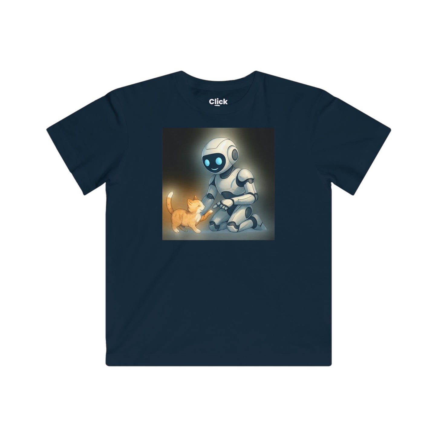 Kids Futuristic T-Shirt - Happy AI Humanoid Robot Playing with a kitten - Futuristic Style T-Shirt