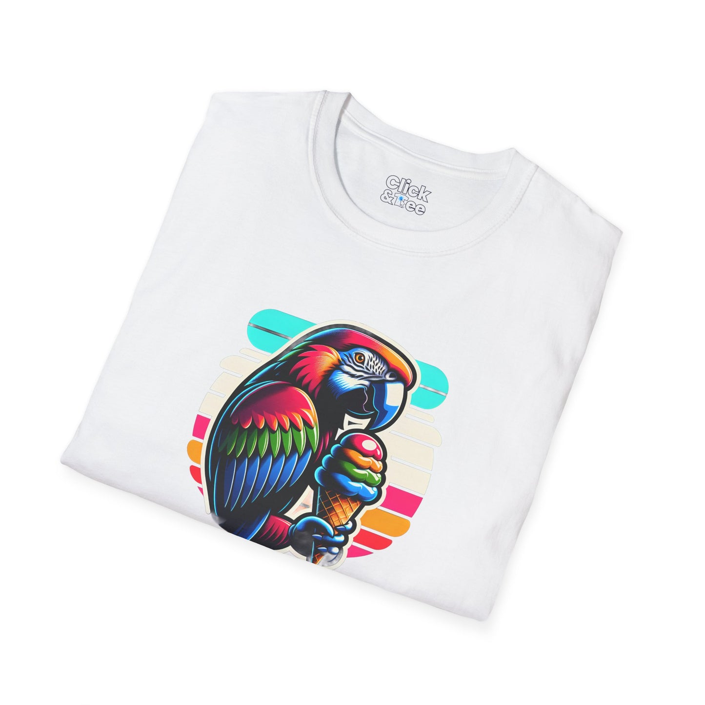 80s Neon T-Shirt - Tropical Parrot Eating rainbow ice cream - 80s Neon Style T-Shirt