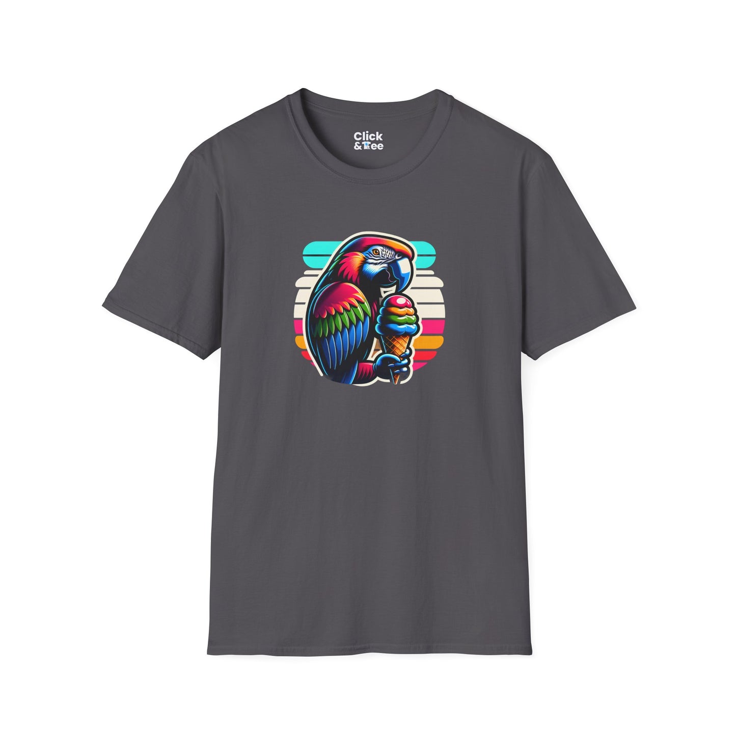 80s Neon T-Shirt - Tropical Parrot Eating rainbow ice cream - 80s Neon Style T-Shirt