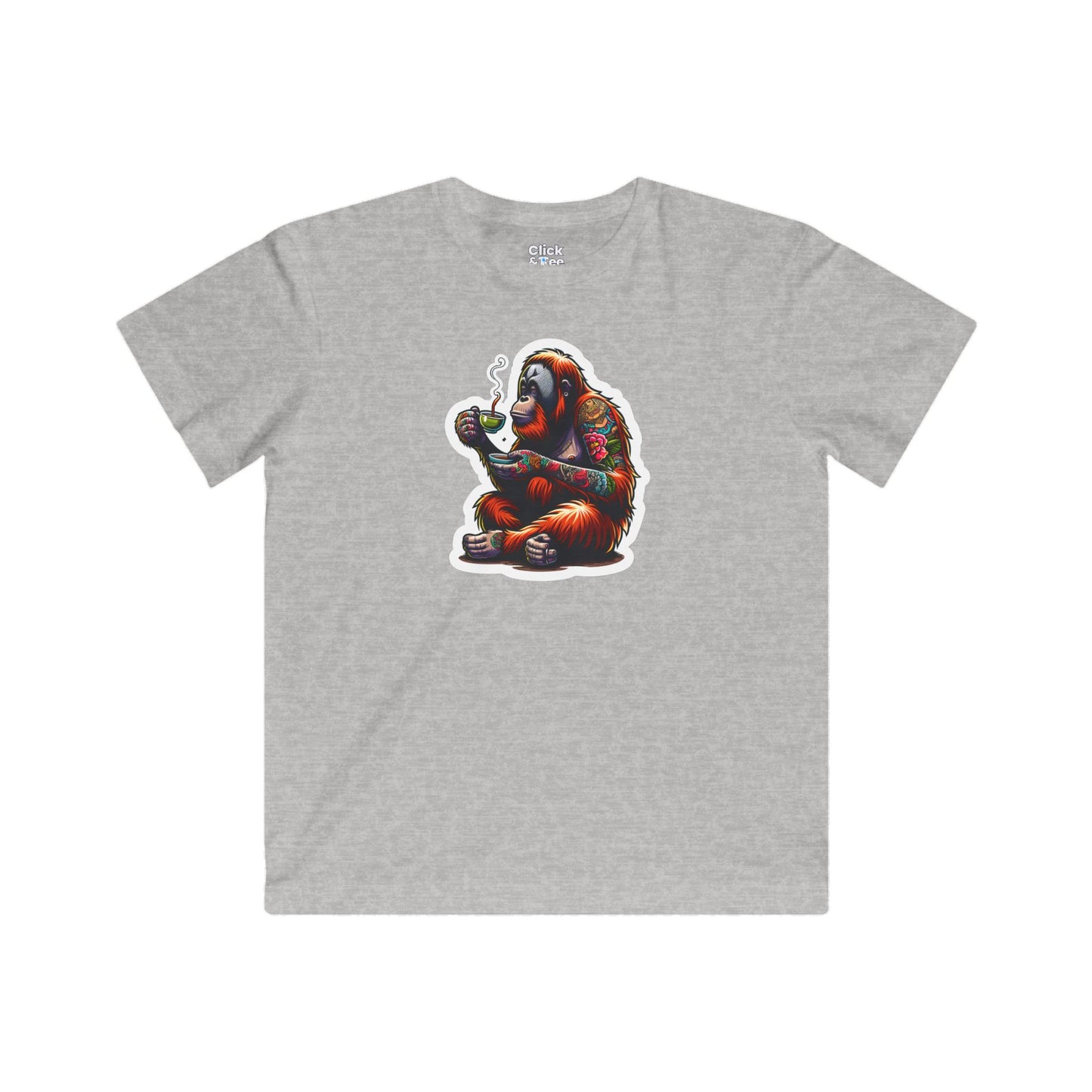 Kids Color Splatter T-Shirt - Tattooed Orangutan Drinking Tea - Color Splatter Style T-Shirt