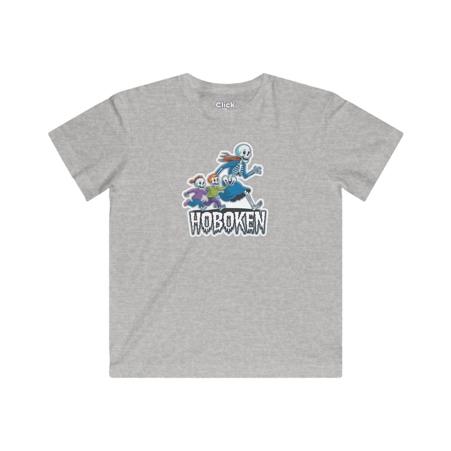 Kids Cartoon T-Shirt - Spooky Letter Art with a Skeleton Mom Chasing her Kids - Cartoon Style T-Shirt
