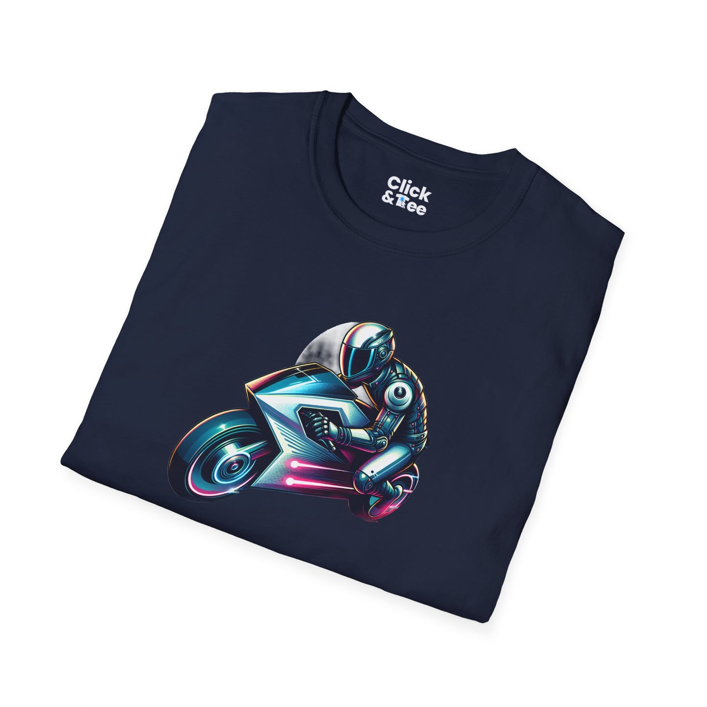 Synthwave T-Shirt - Futuristic Racer Riding a futuristic light bike - Synthwave Style T-Shirt