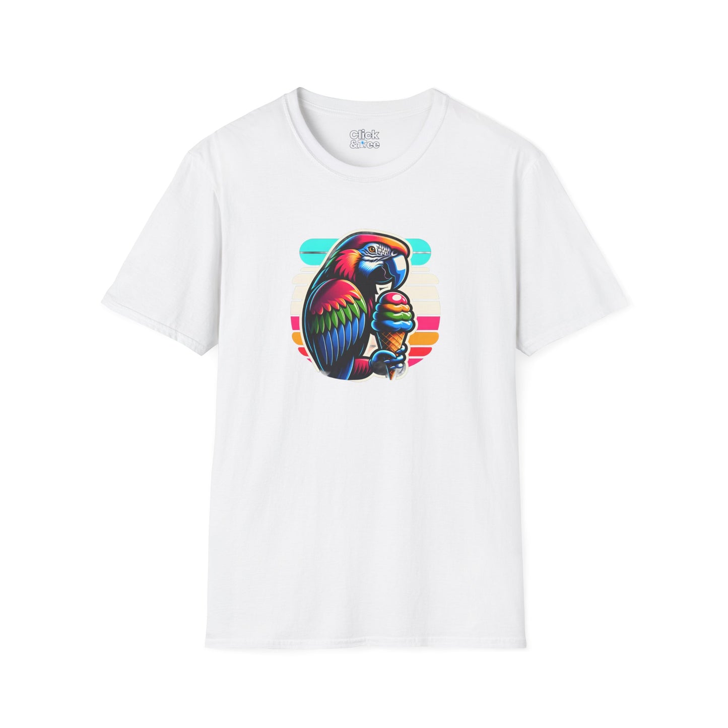 80s Neon T-Shirt - Tropical Parrot Eating rainbow ice cream - 80s Neon Style T-Shirt