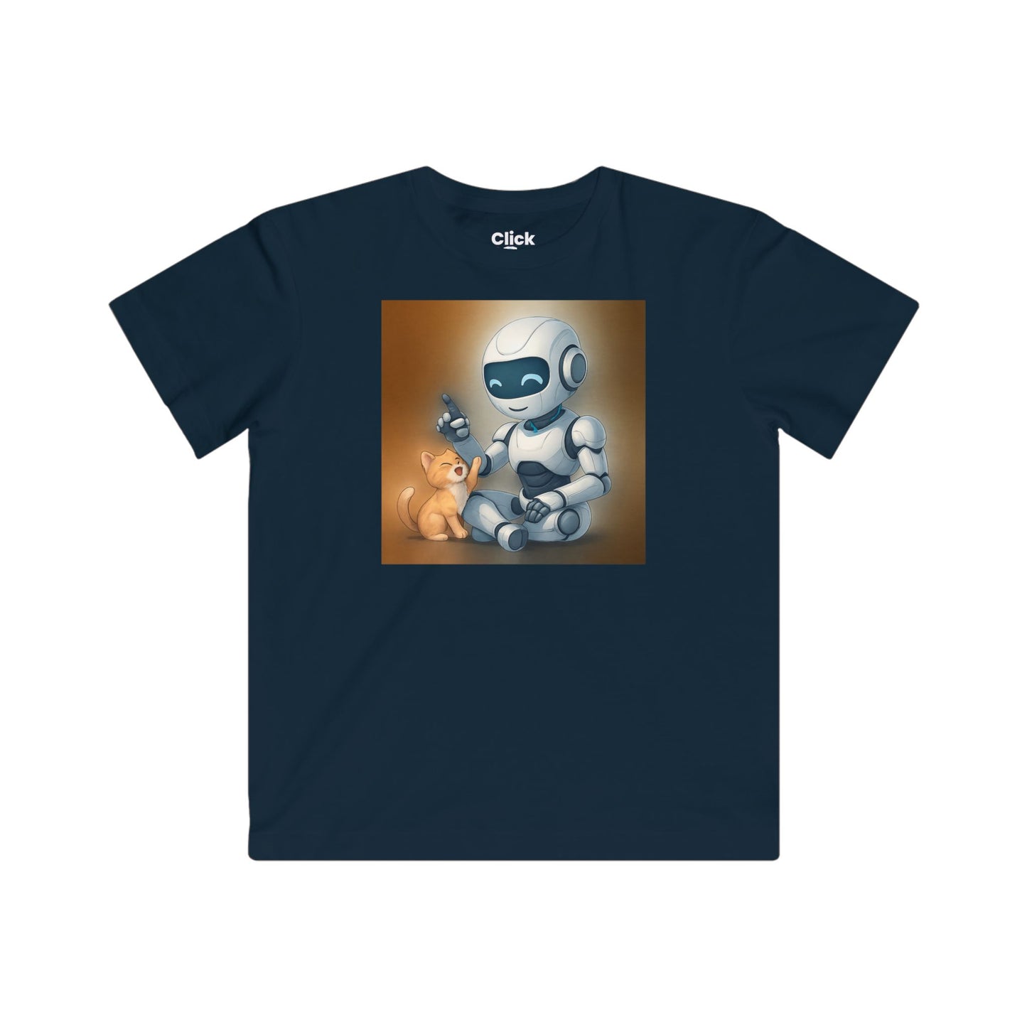 Kids Futuristic T-Shirt - Happy AI Humanoid Robot Playing with a kitten - Futuristic Style T-Shirt