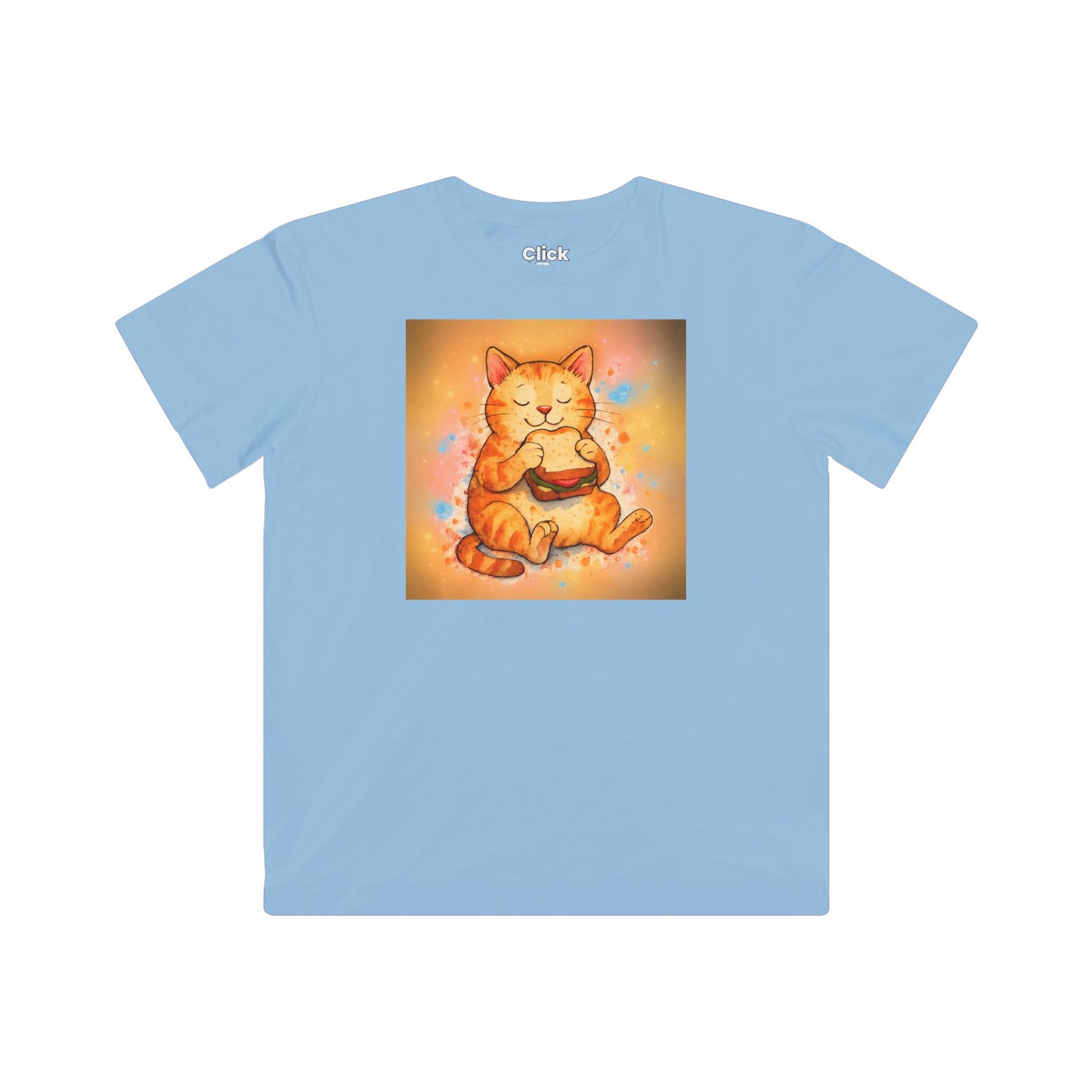 Kids Color Splatter T-Shirt - Relaxed Cat Eating a Sandwhich - Color Splatter Style T-Shirt