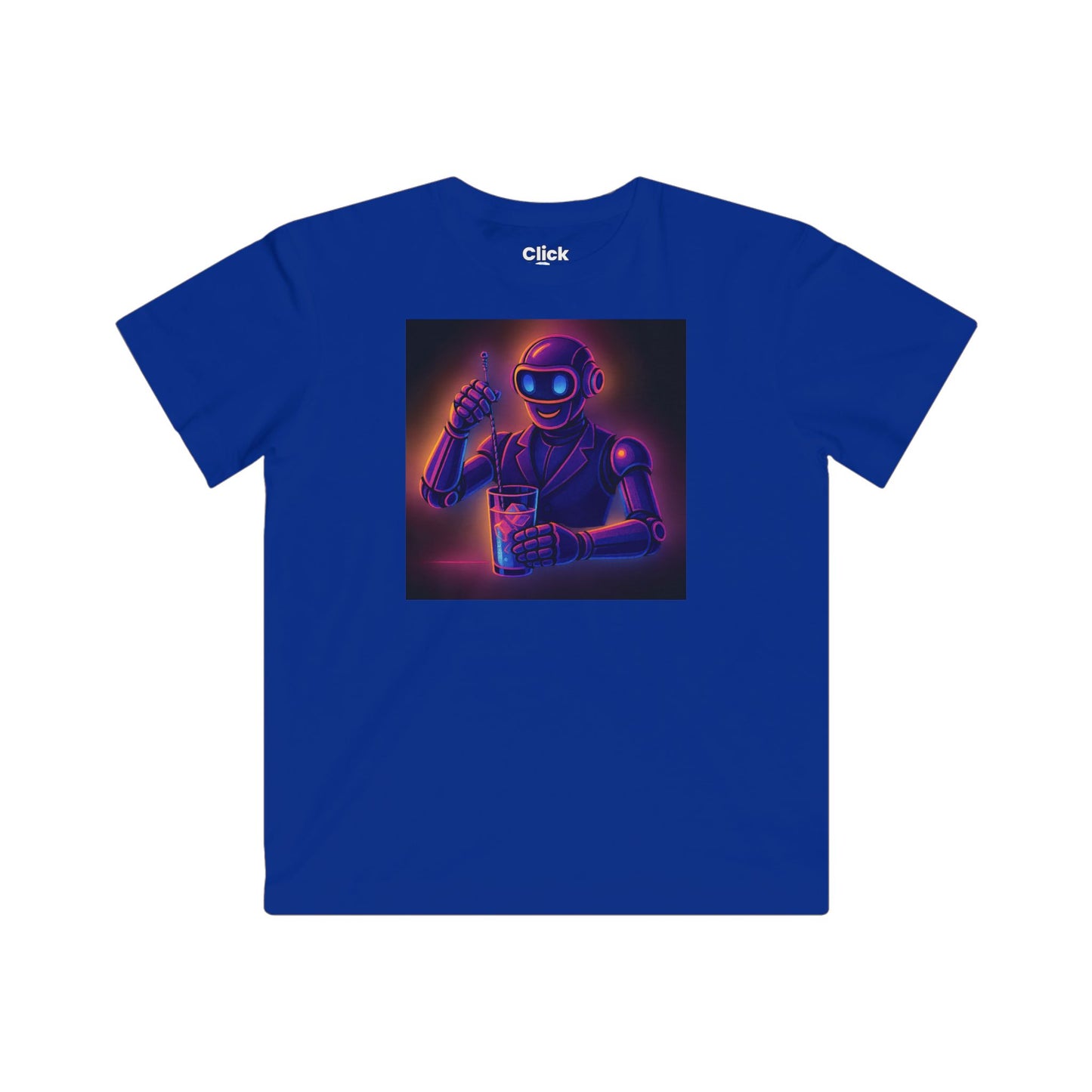 Kids Synthwave T-Shirt - Charming Robot Bartender Mixing a Cocktail - Synthwave Style T-Shirt