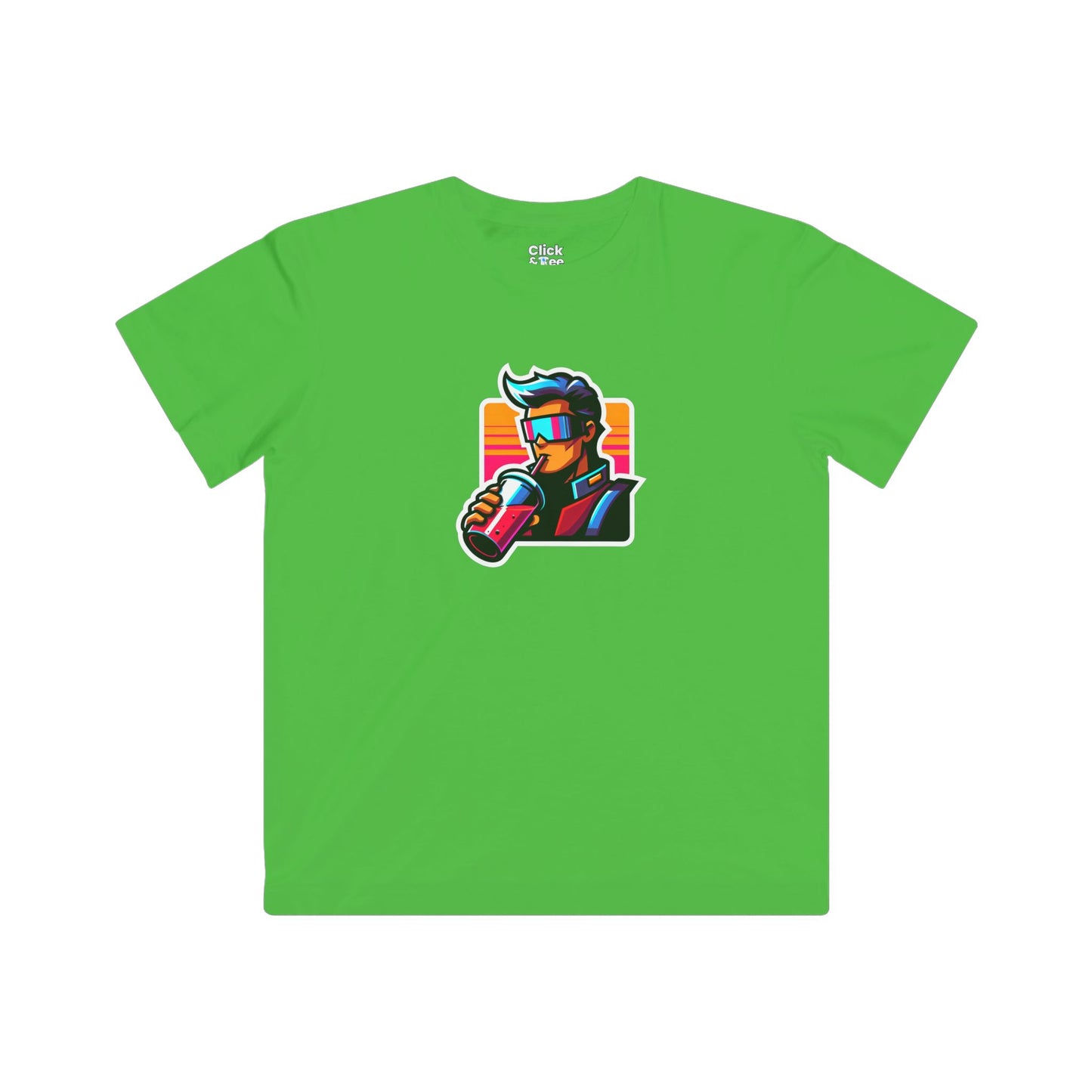 Kids Cartoon T-Shirt - Retro-futuristic Maverick Drinking a Smoothie - Cartoon Style T-Shirt