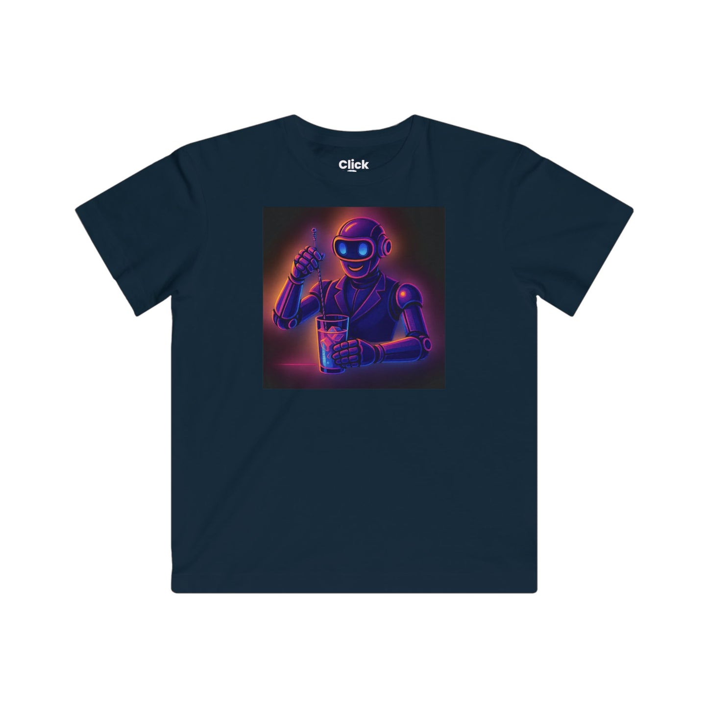 Kids Synthwave T-Shirt - Charming Robot Bartender Mixing a Cocktail - Synthwave Style T-Shirt
