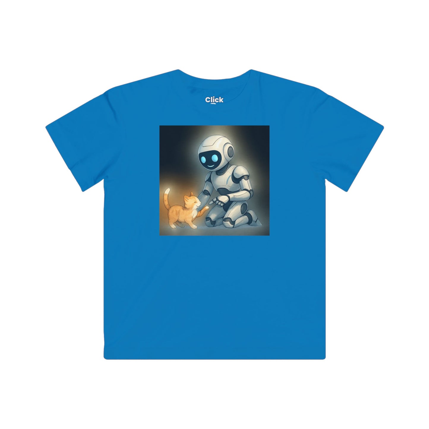 Kids Futuristic T-Shirt - Happy AI Humanoid Robot Playing with a kitten - Futuristic Style T-Shirt