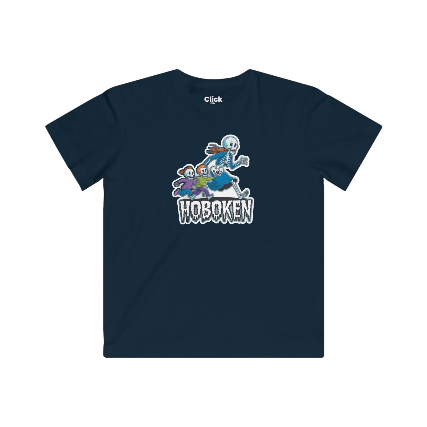 Kids Cartoon T-Shirt - Spooky Letter Art with a Skeleton Mom Chasing her Kids - Cartoon Style T-Shirt