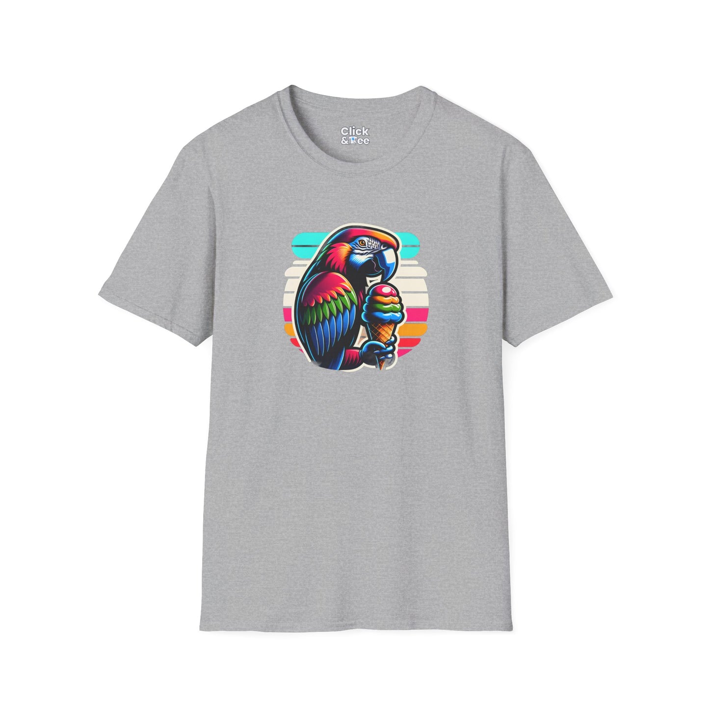 80s Neon T-Shirt - Tropical Parrot Eating rainbow ice cream - 80s Neon Style T-Shirt