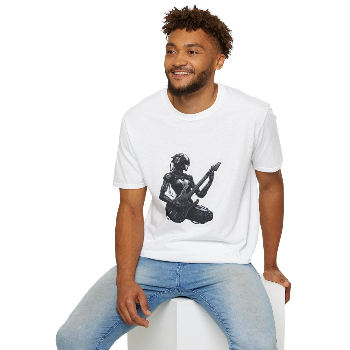 Cyberpunk T-Shirt - Post-Apocalyptic Futuristic Female Robot Playing an electric guitar - Cyberpunk Style T-Shirt