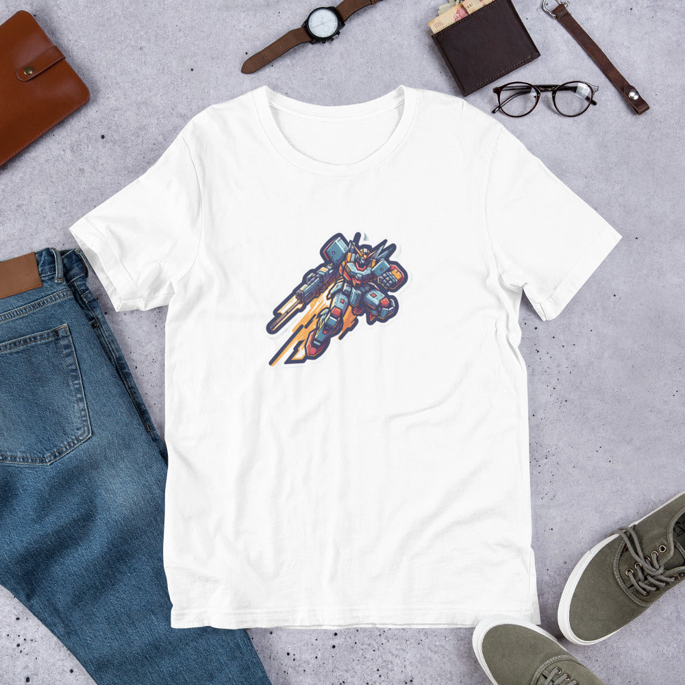 Retro T-Shirt - Battle-scarred Warrior mech rocketing through the air - Retro Style T-Shirt