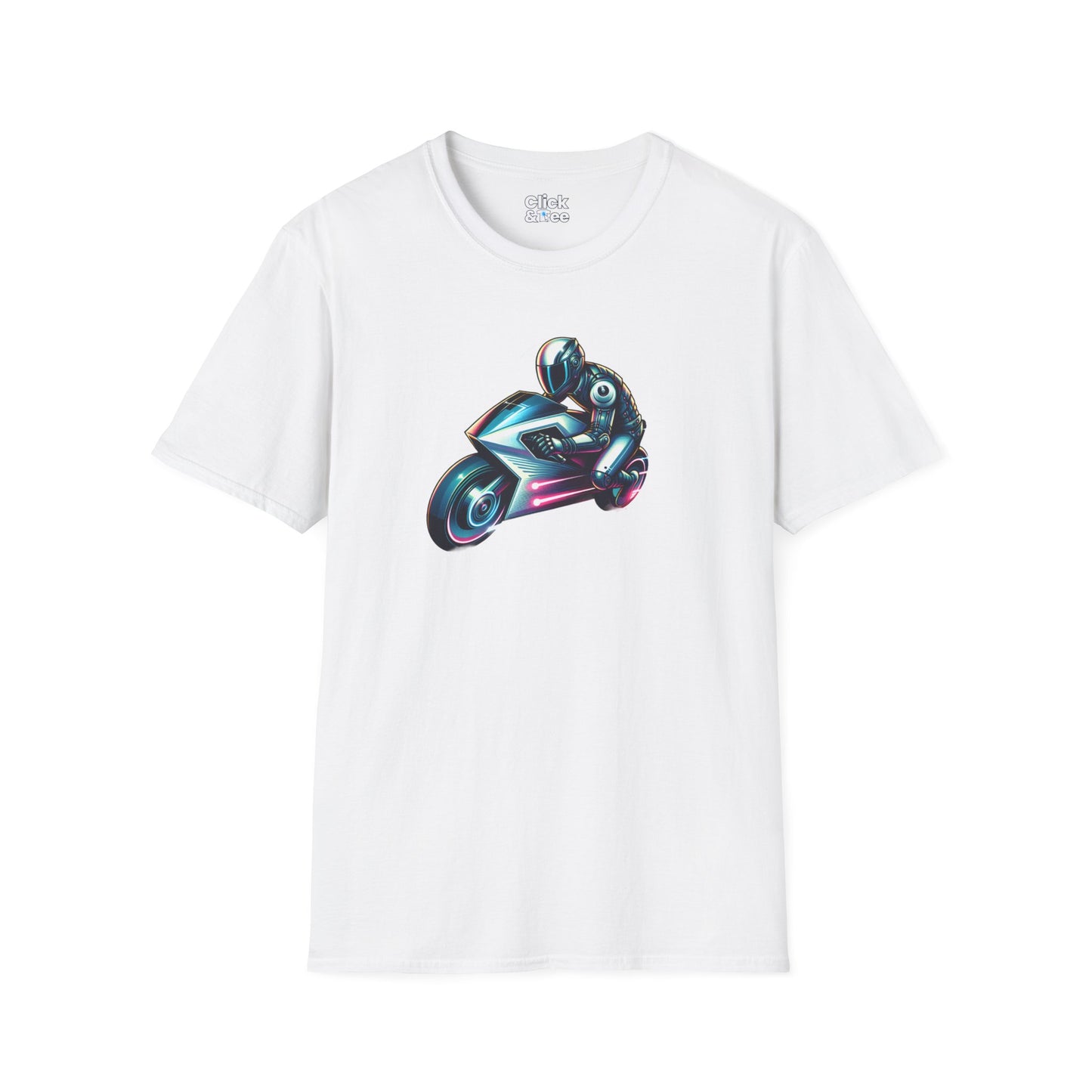 Synthwave T-Shirt - Futuristic Racer Riding a futuristic light bike - Synthwave Style T-Shirt