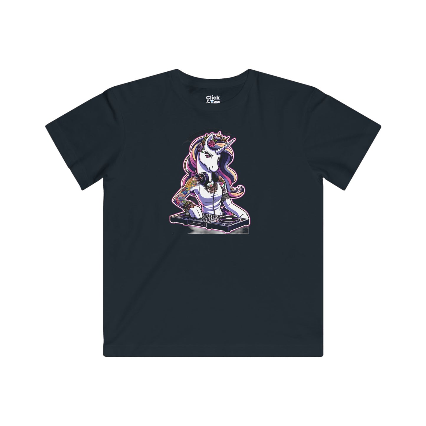 Kids Harem Anime T-Shirt - Tattooed Unicorn DJing - Harem Anime Style T-Shirt