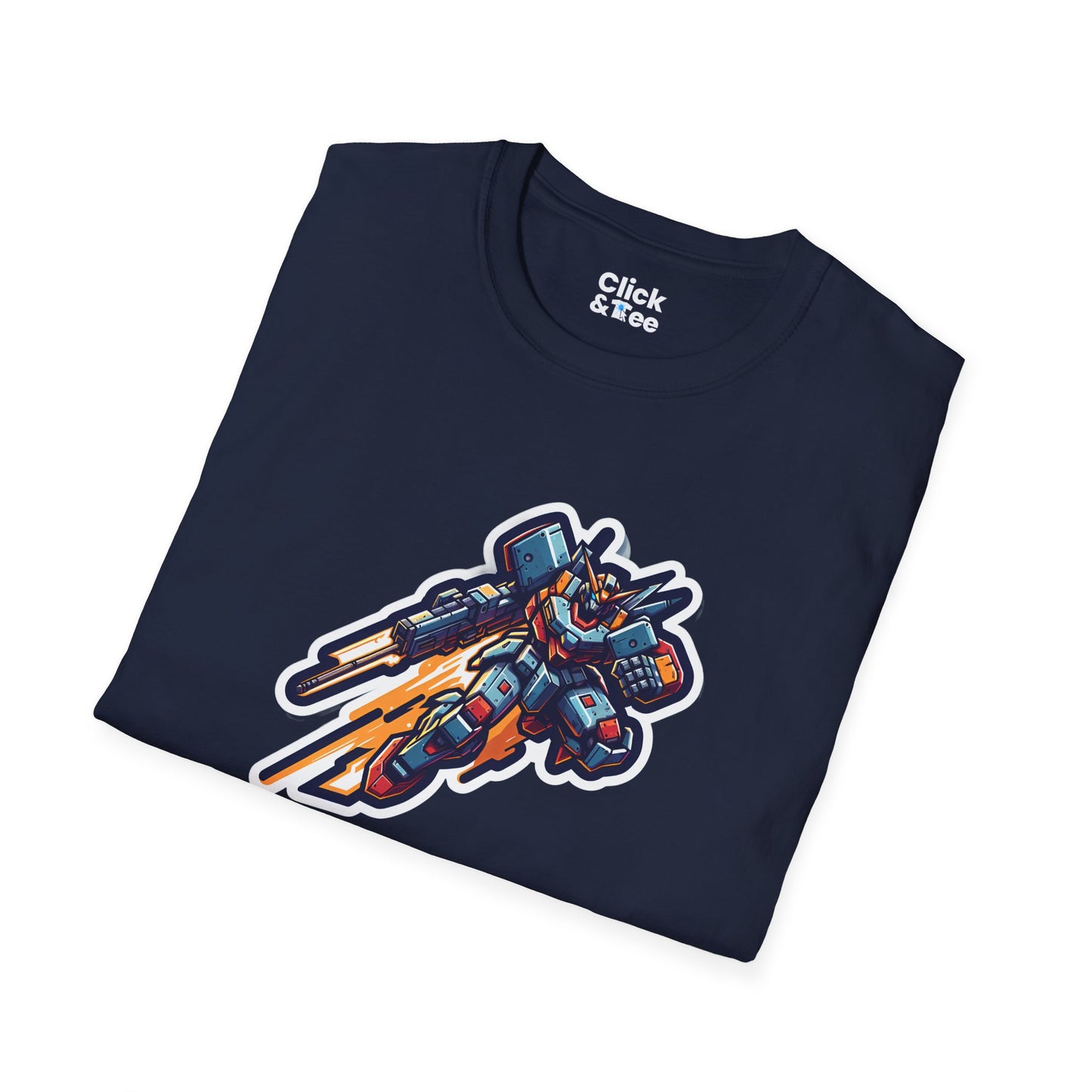 Retro T-Shirt - Battle-scarred Warrior mech rocketing through the air - Retro Style T-Shirt