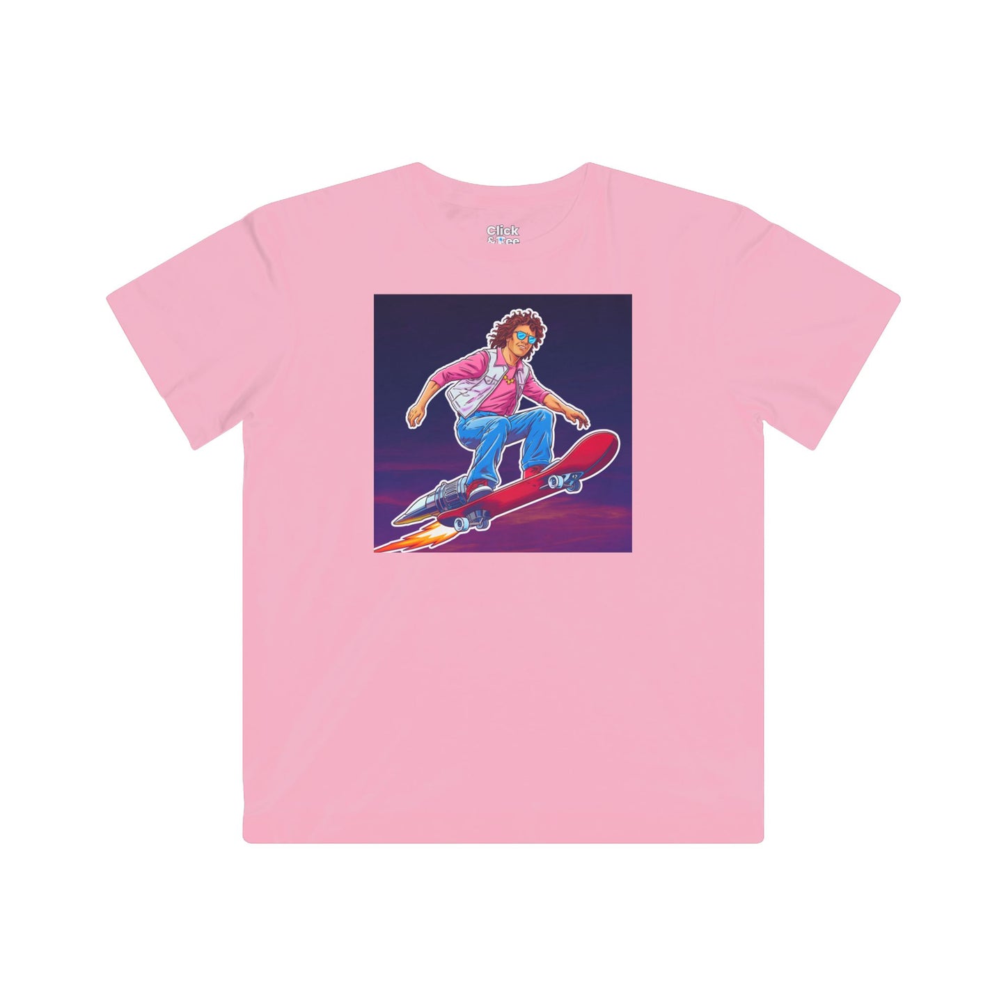 Kids 80s Neon T-Shirt - Tousled Adventurer Riding a Rocket-Powered Skateboard - 80s Neon Style T-Shirt